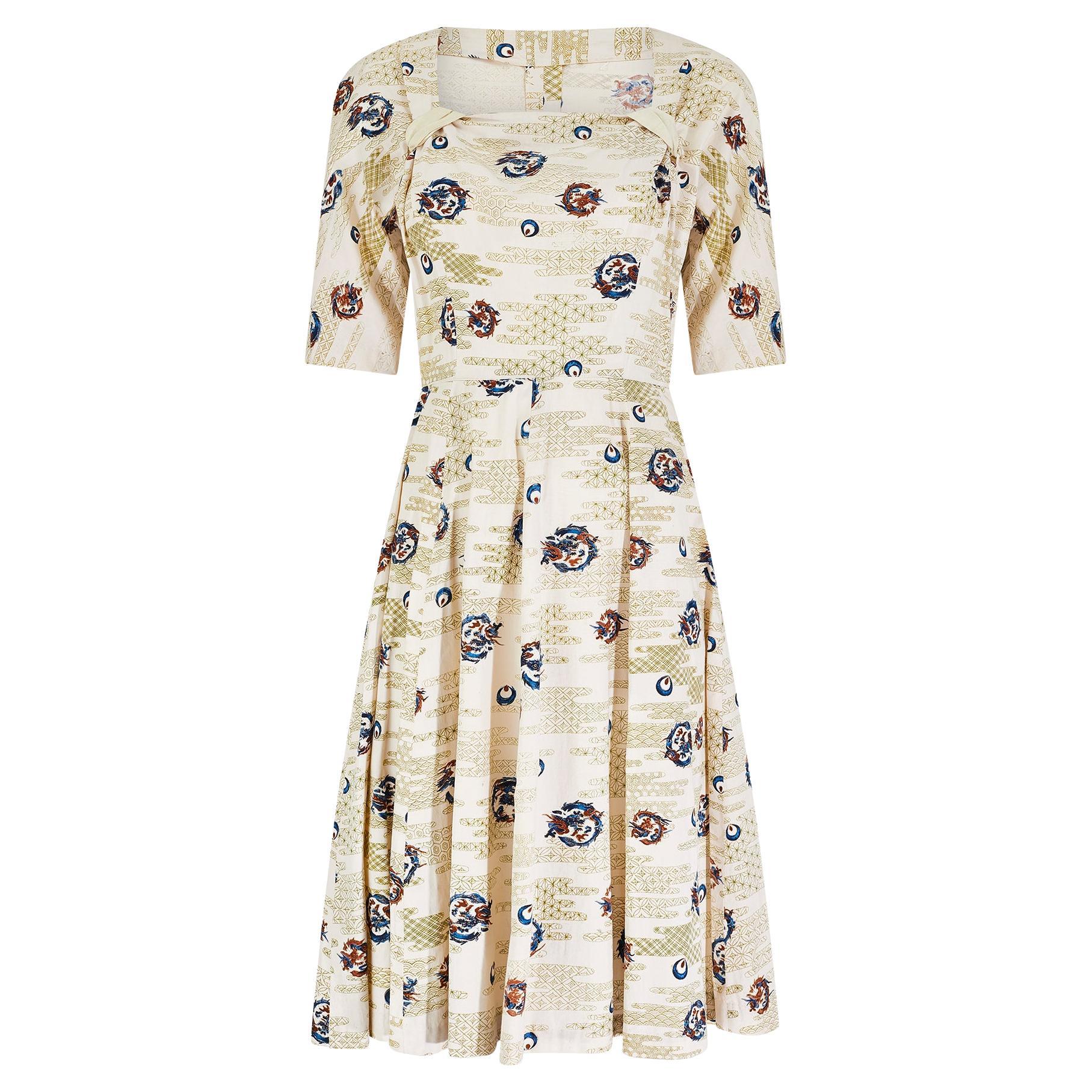 1950s Novelty Dragon Print Cotton Dress For Sale