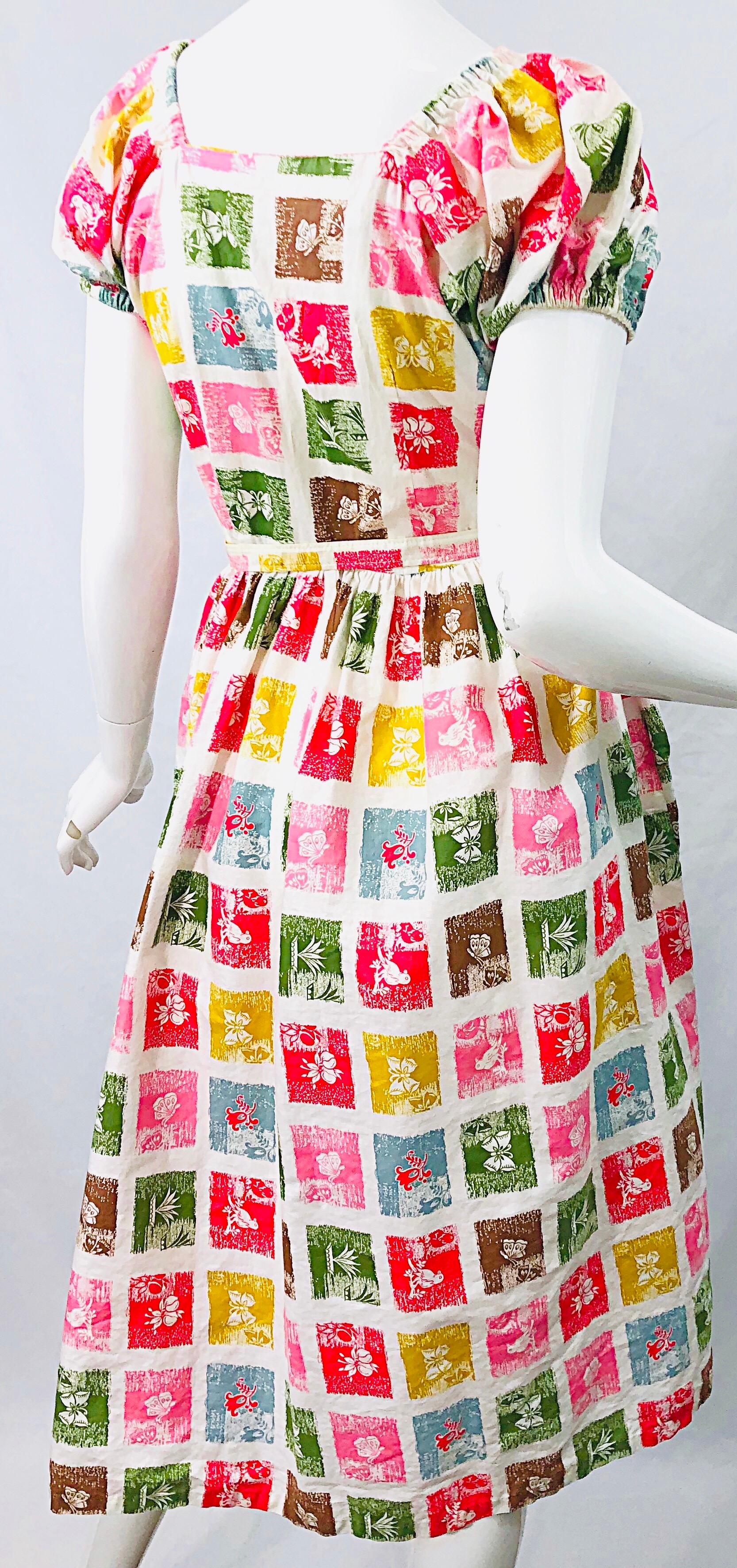 1950s Novelty Print Butterfly Flowers Colorful Fit n' Flare Vintage 50s Dress 2