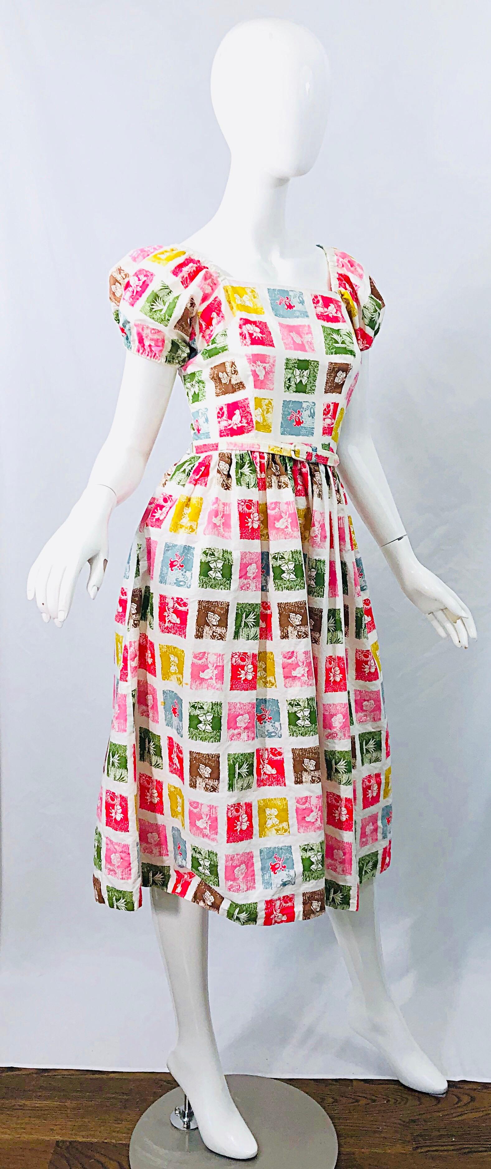 1950s Novelty Print Butterfly Flowers Colorful Fit n' Flare Vintage 50s Dress 3