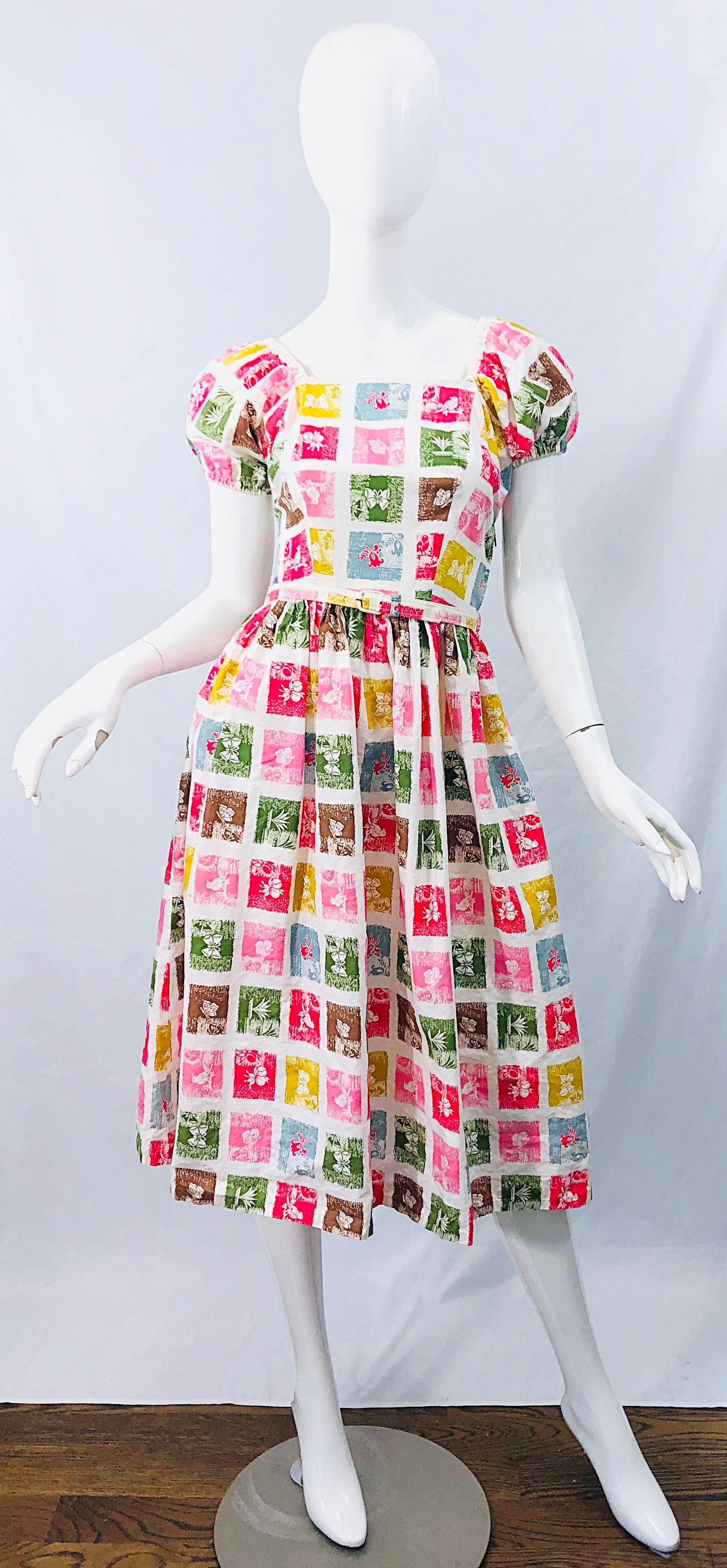 1950s Novelty Print Butterfly Flowers Colorful Fit n' Flare Vintage 50s Dress 5