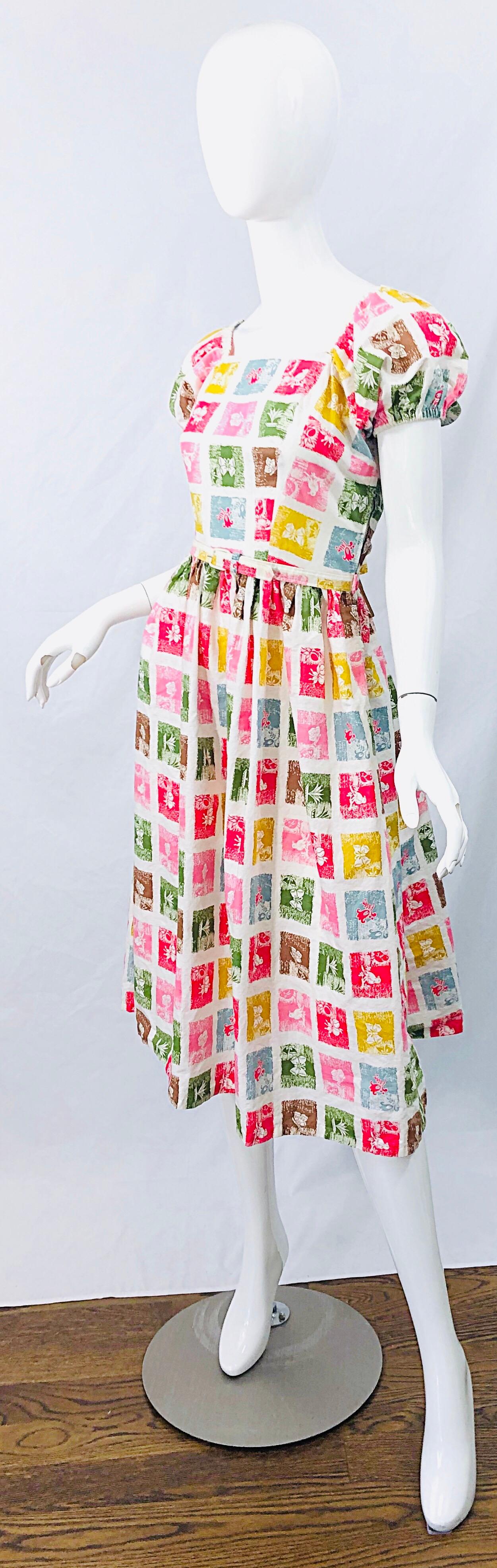 Beige 1950s Novelty Print Butterfly Flowers Colorful Fit n' Flare Vintage 50s Dress