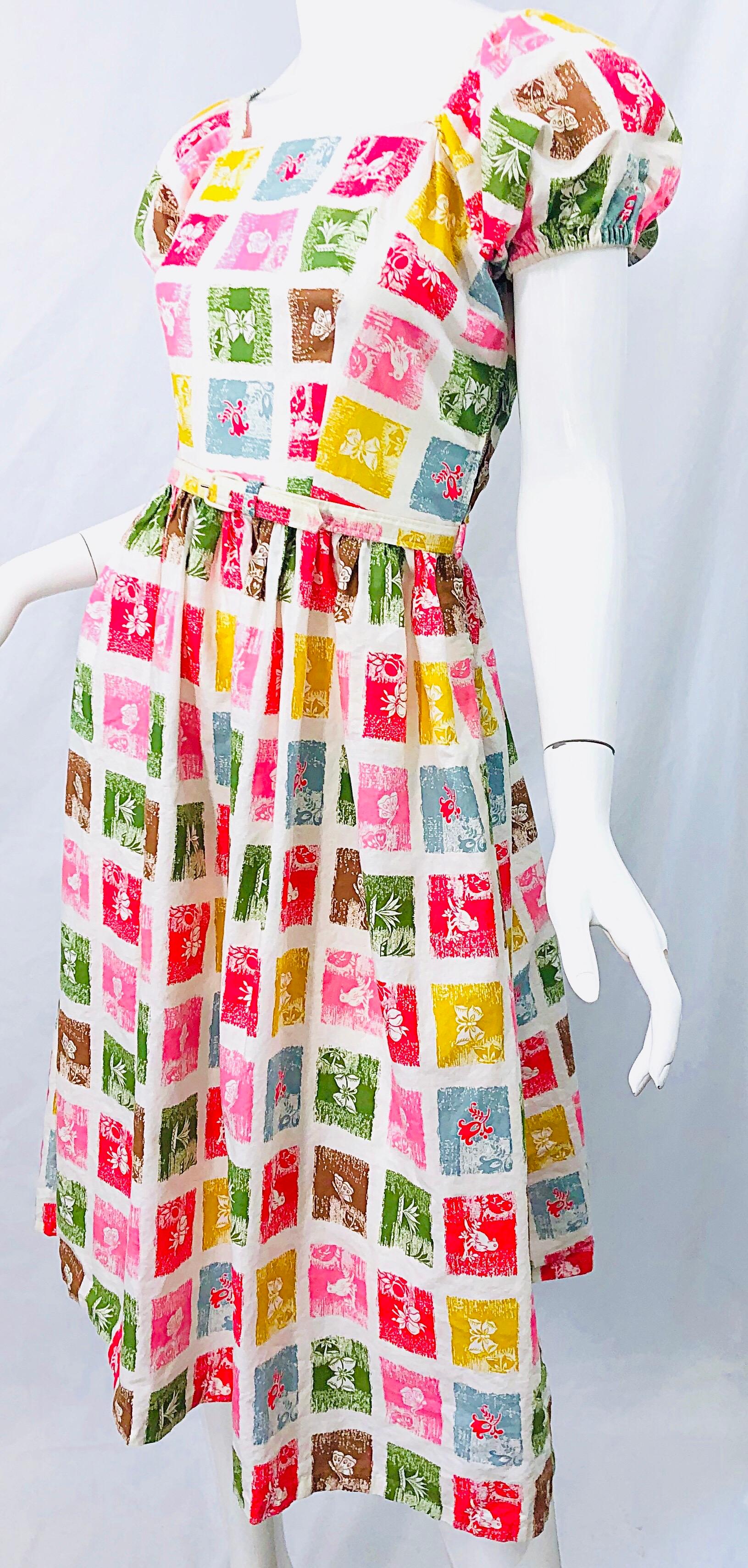 1950s Novelty Print Butterfly Flowers Colorful Fit n' Flare Vintage 50s Dress 1