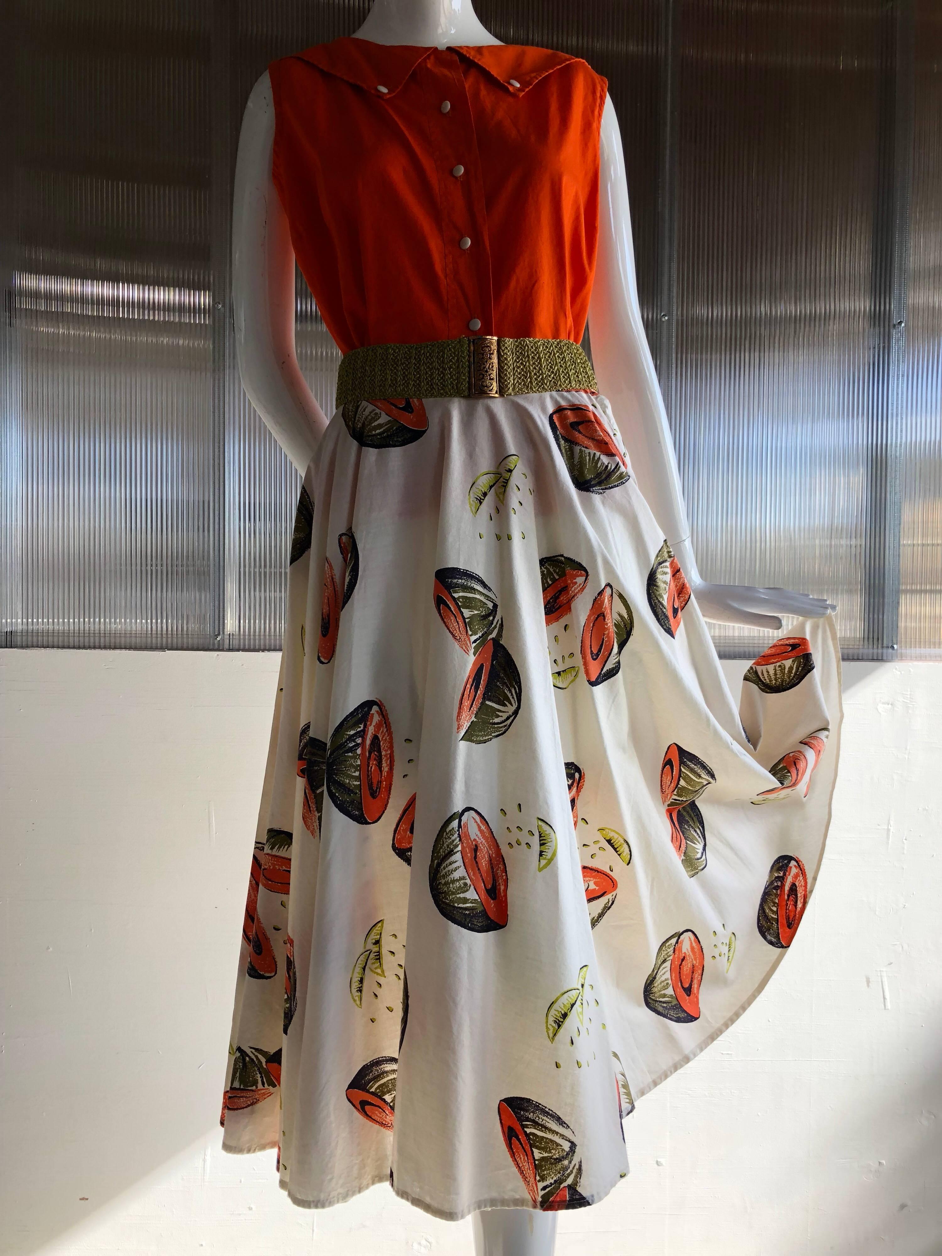 1950s Novelty Sportswear Print Circle Skirt & Coordinating Color Cotton Top  5