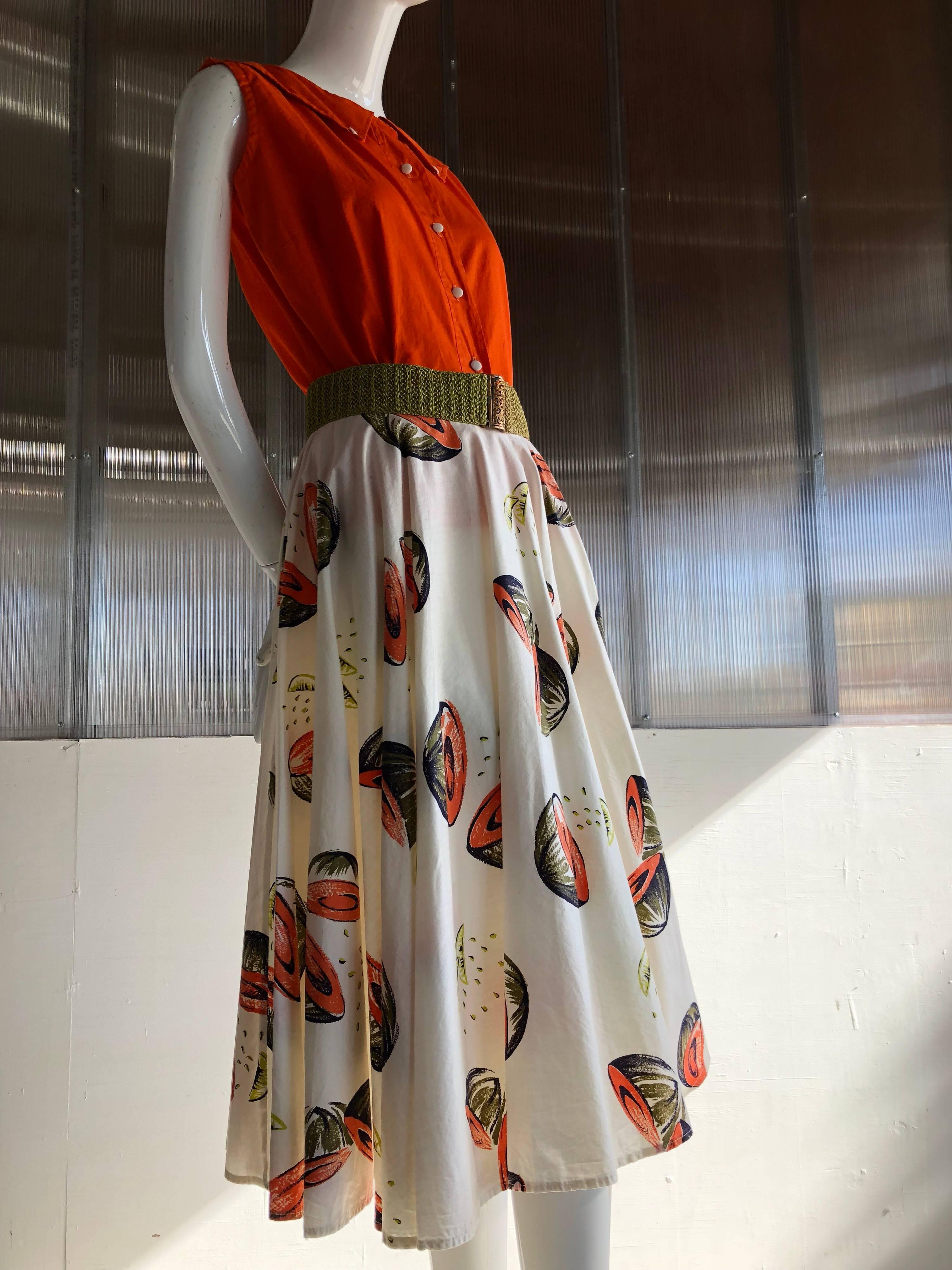 1950s Novelty Sportswear Print Circle Skirt & Coordinating Color Cotton Top  2