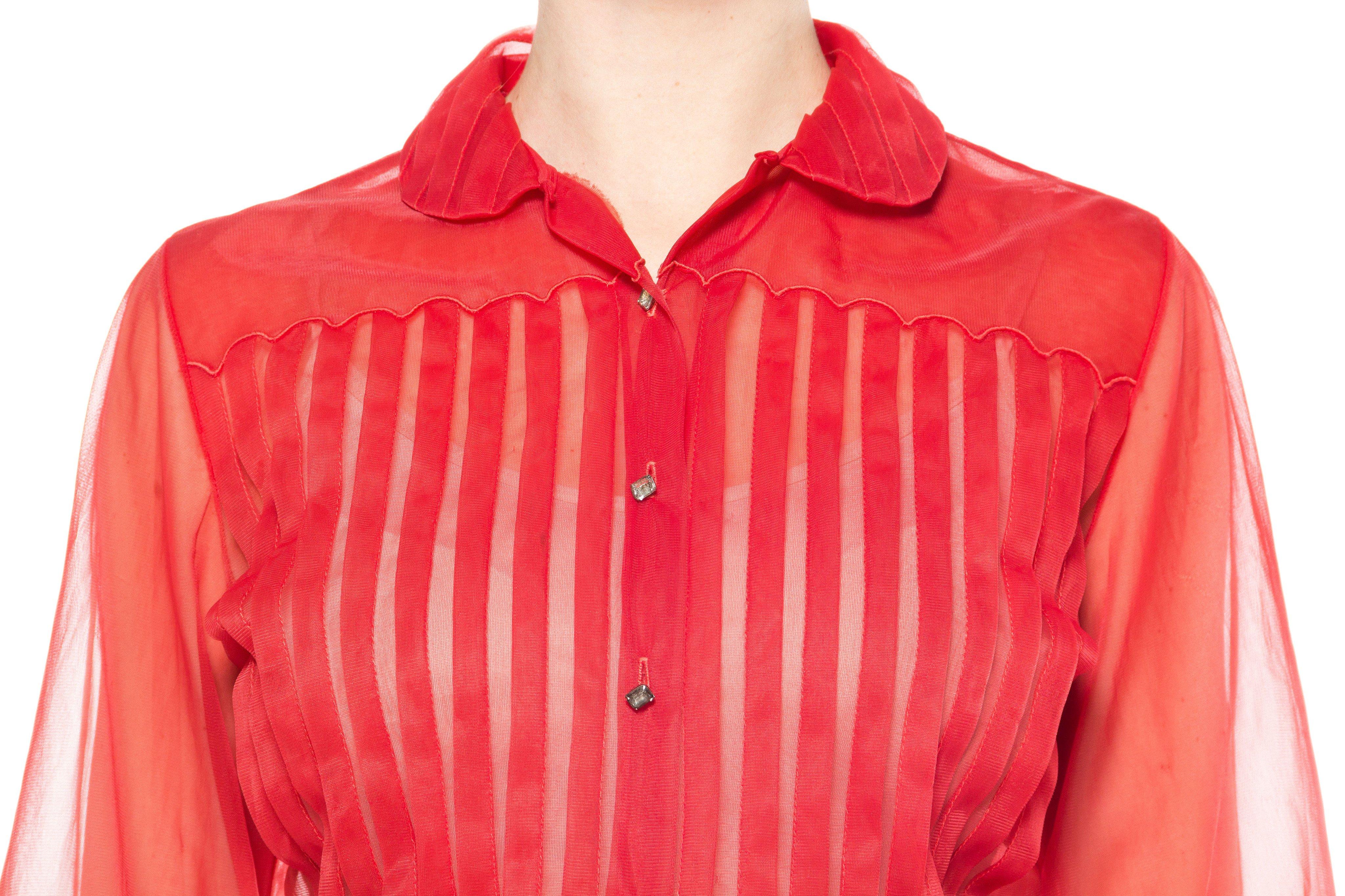 1950S Red Nylon Pleated Sheer Blouse With Rhinestone Buttons 1