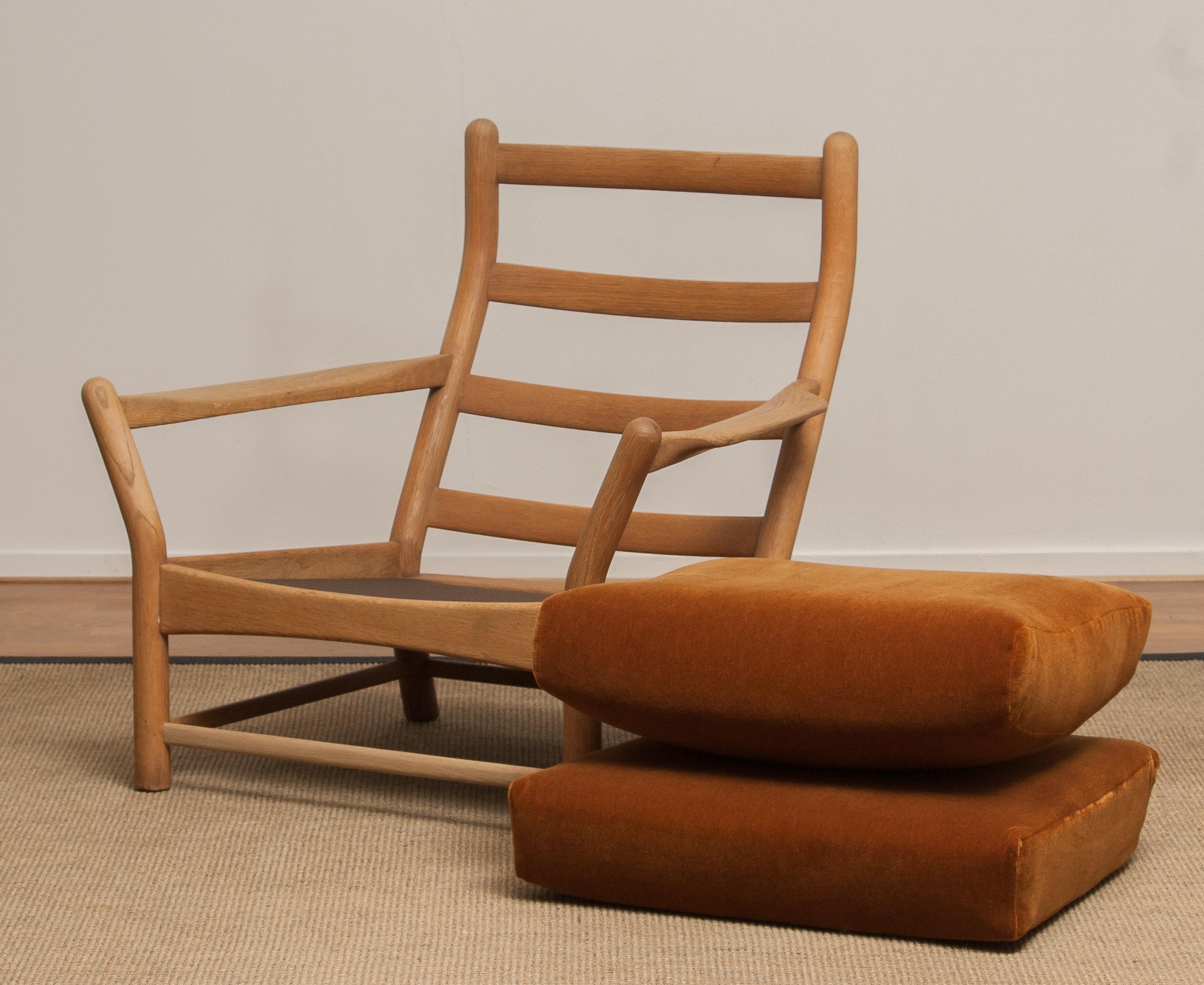 Mid-20th Century 1950s, Oak and Brown Velvet Lounge Arm Easy Lounge Club Chair from Denmark