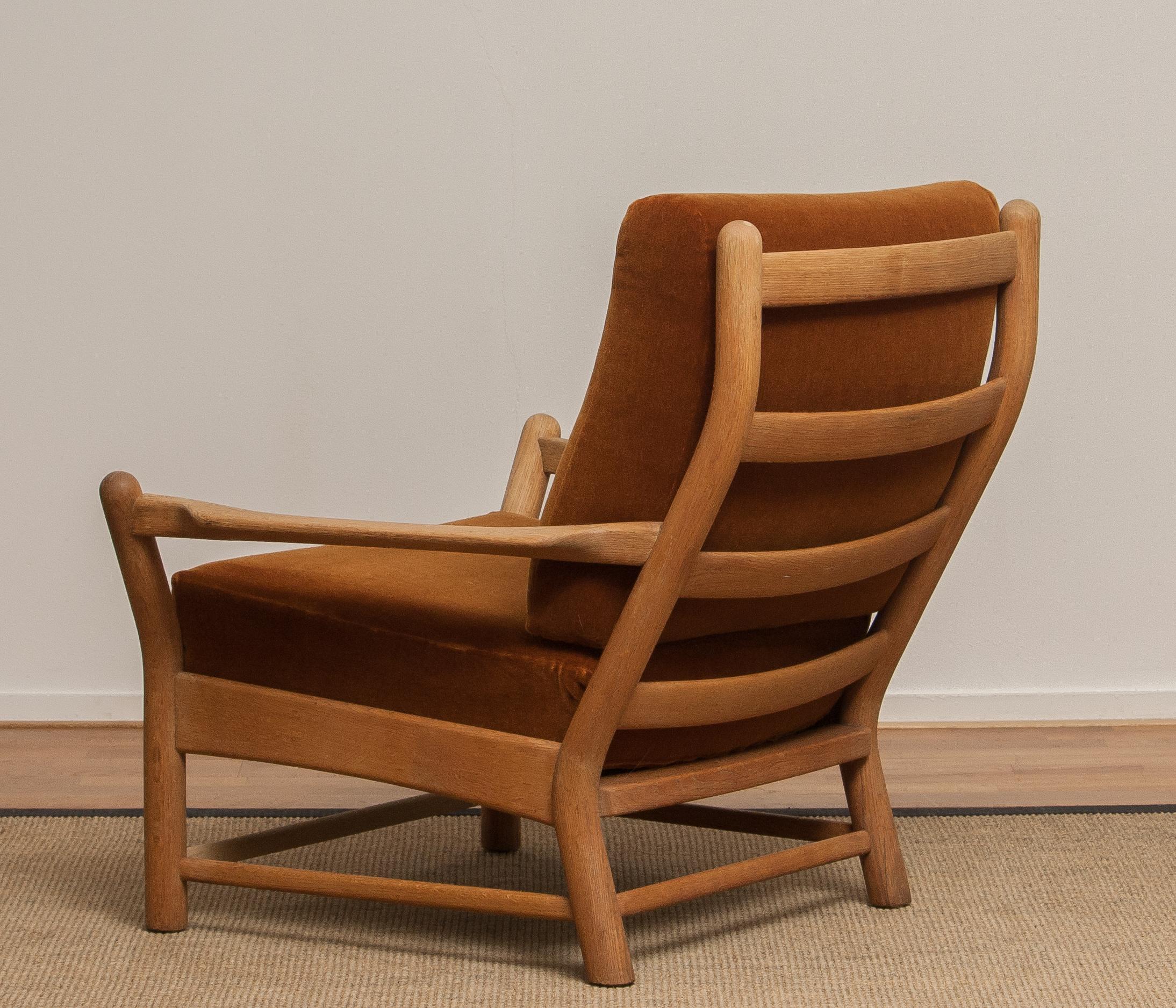 1950s, Oak and Brown Velvet Lounge Arm Easy Lounge Club Chair from Denmark 1