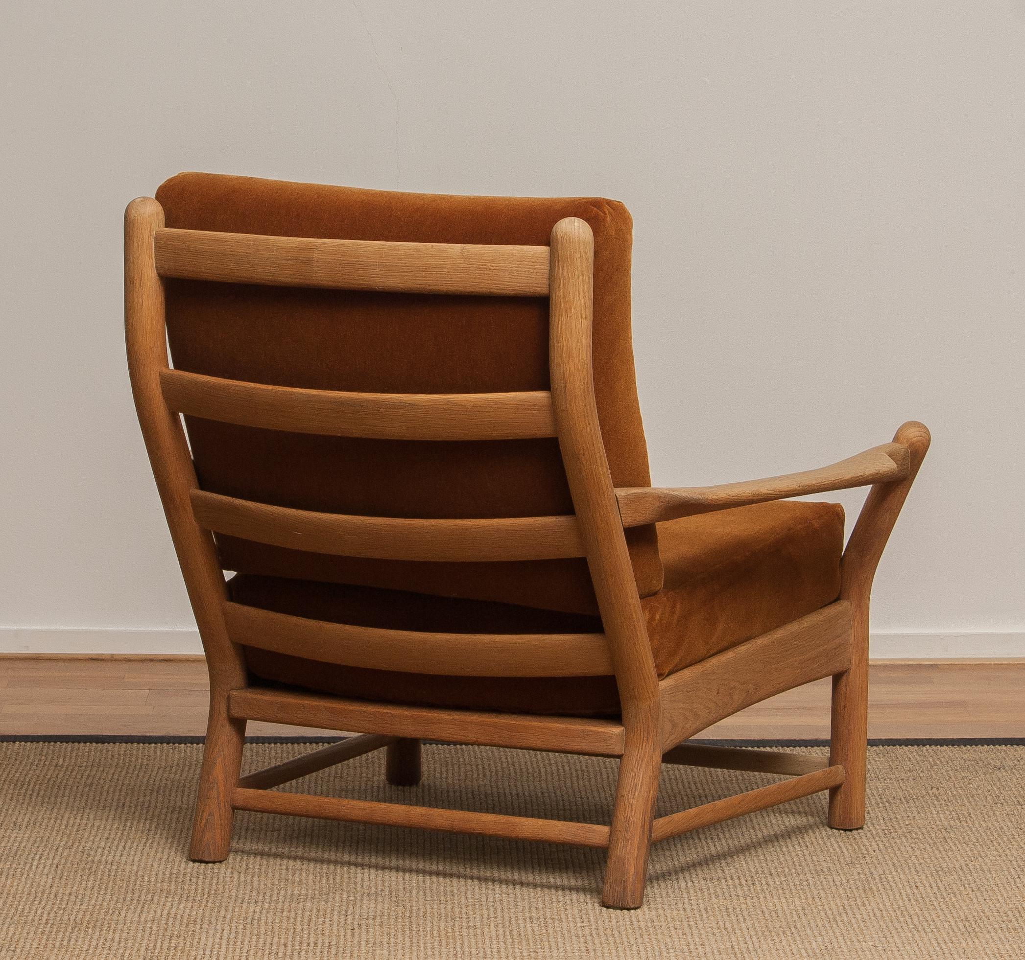 1950s, Oak and Brown Velvet Lounge Arm Easy Lounge Club Chair from Denmark 2