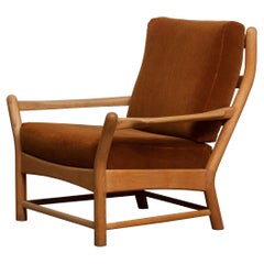 1950s, Oak and Brown Velvet Lounge Arm Easy Lounge Club Chair from Denmark