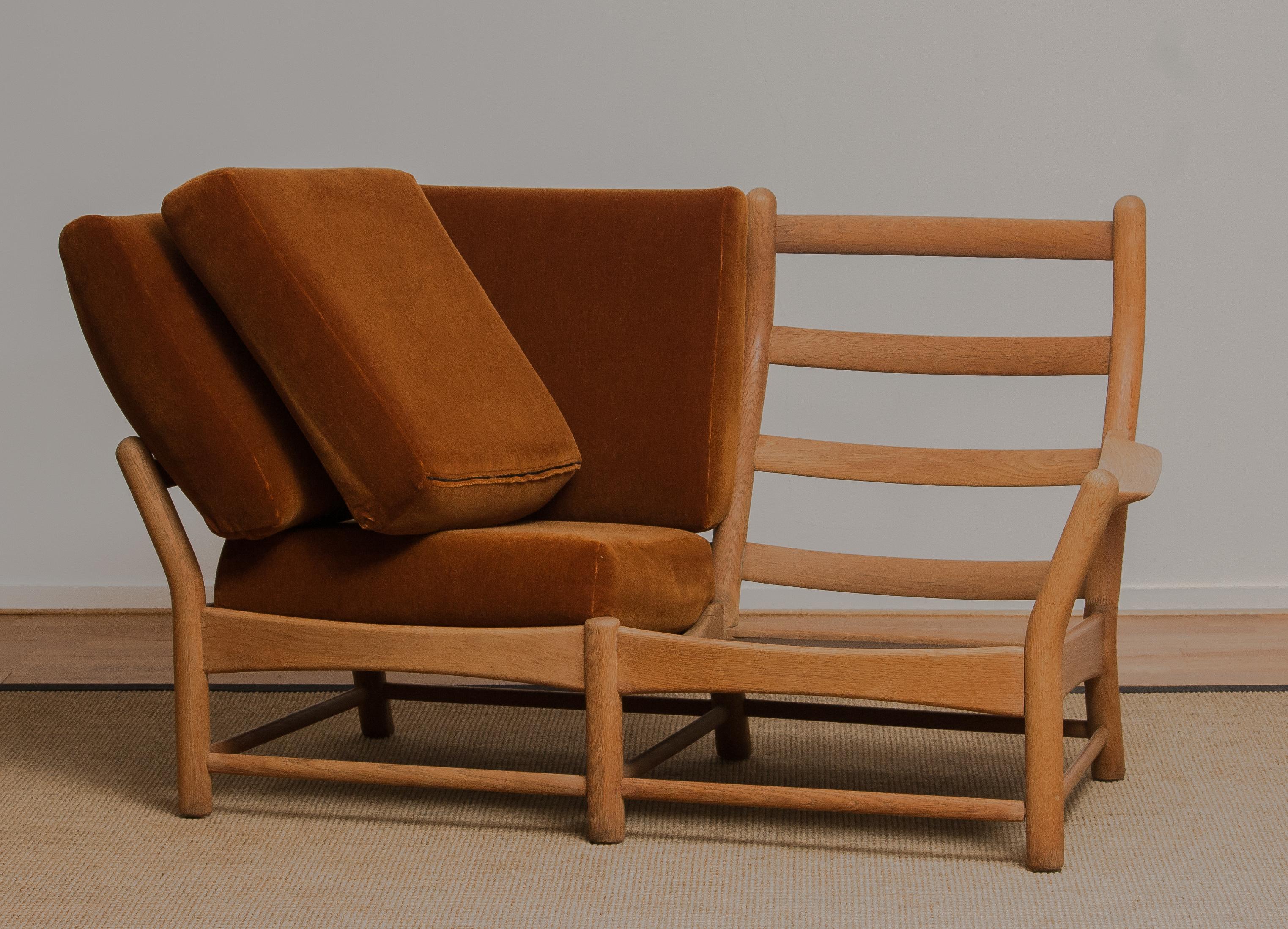 1950s, Oak and Brown Velvet Lounge Arm Easy Sofa from Denmark 1