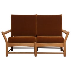 1950s, Oak and Brown Velvet Lounge Arm Easy Sofa from Denmark