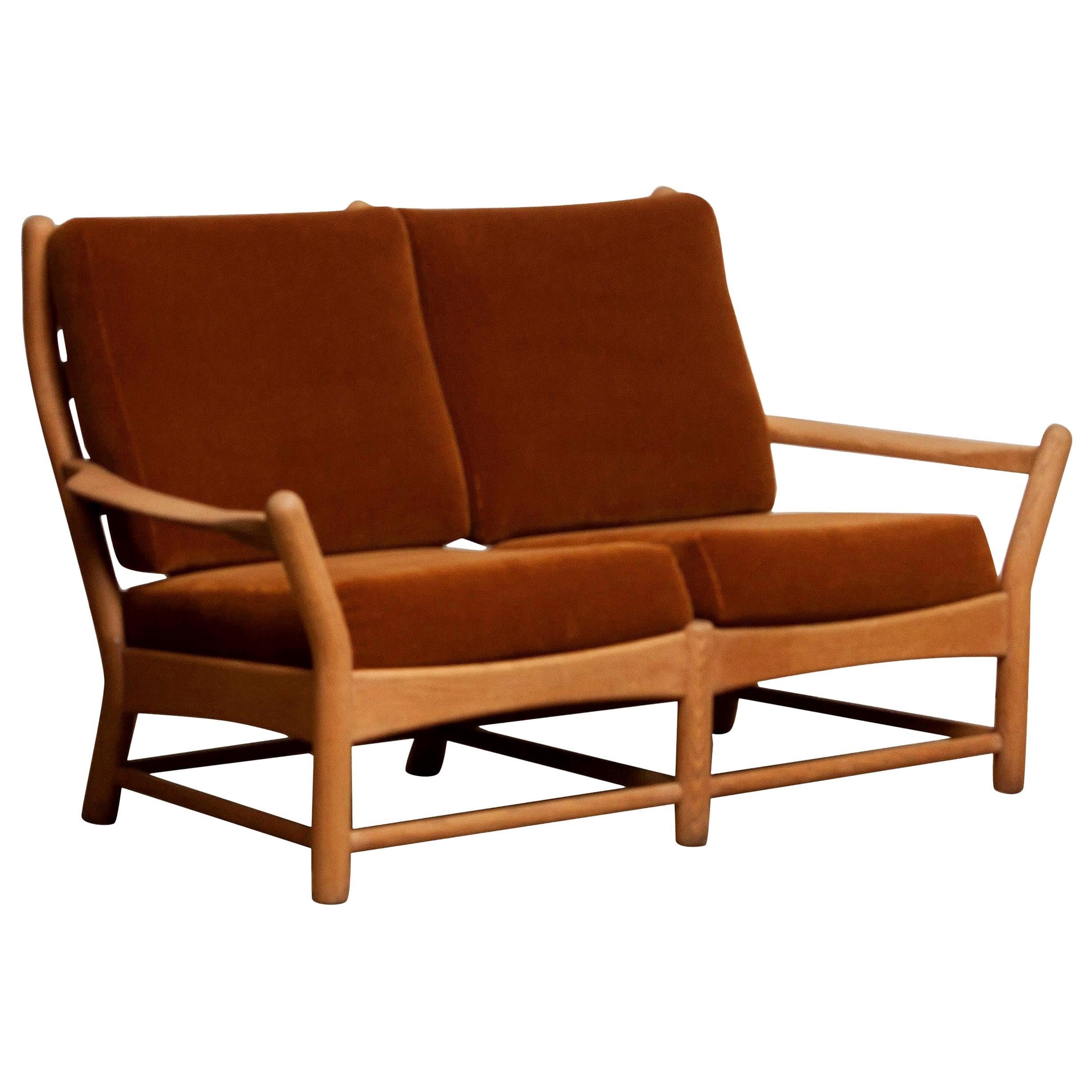 1950s, Oak and Brown Velvet Lounge Club Arm Easy Sofa from Denmark For Sale