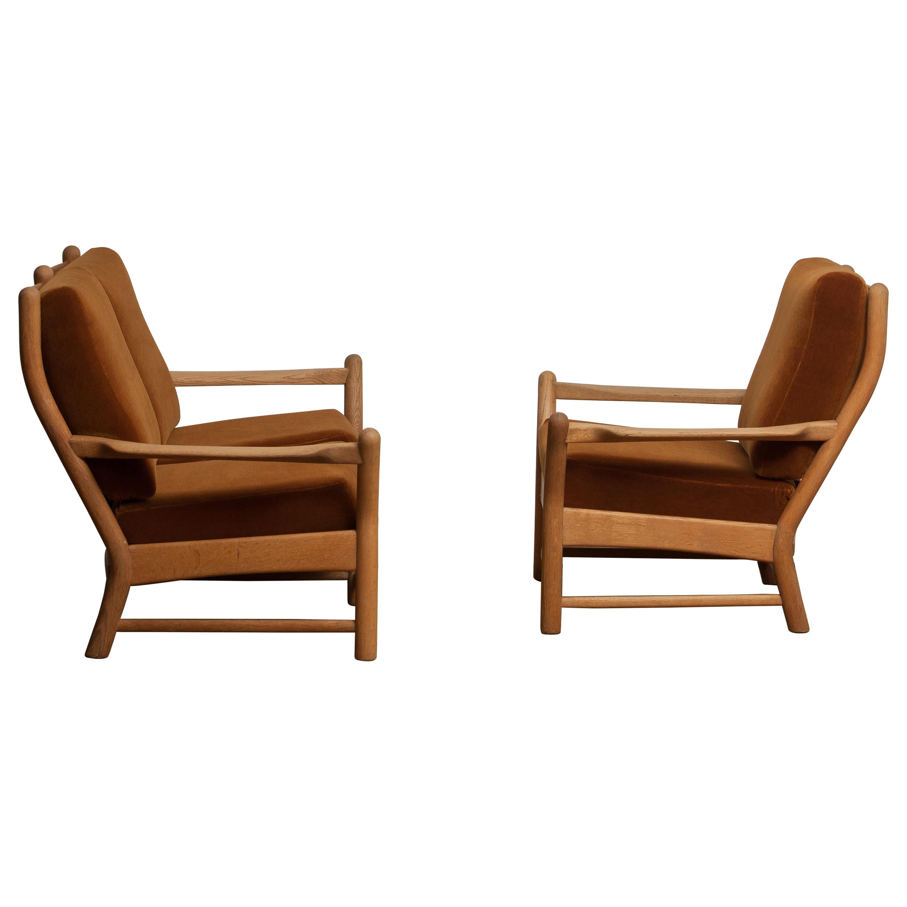 Danish 1950s, Oak and Brown Velvet Sofa and Chair Lounge Set from Denmark