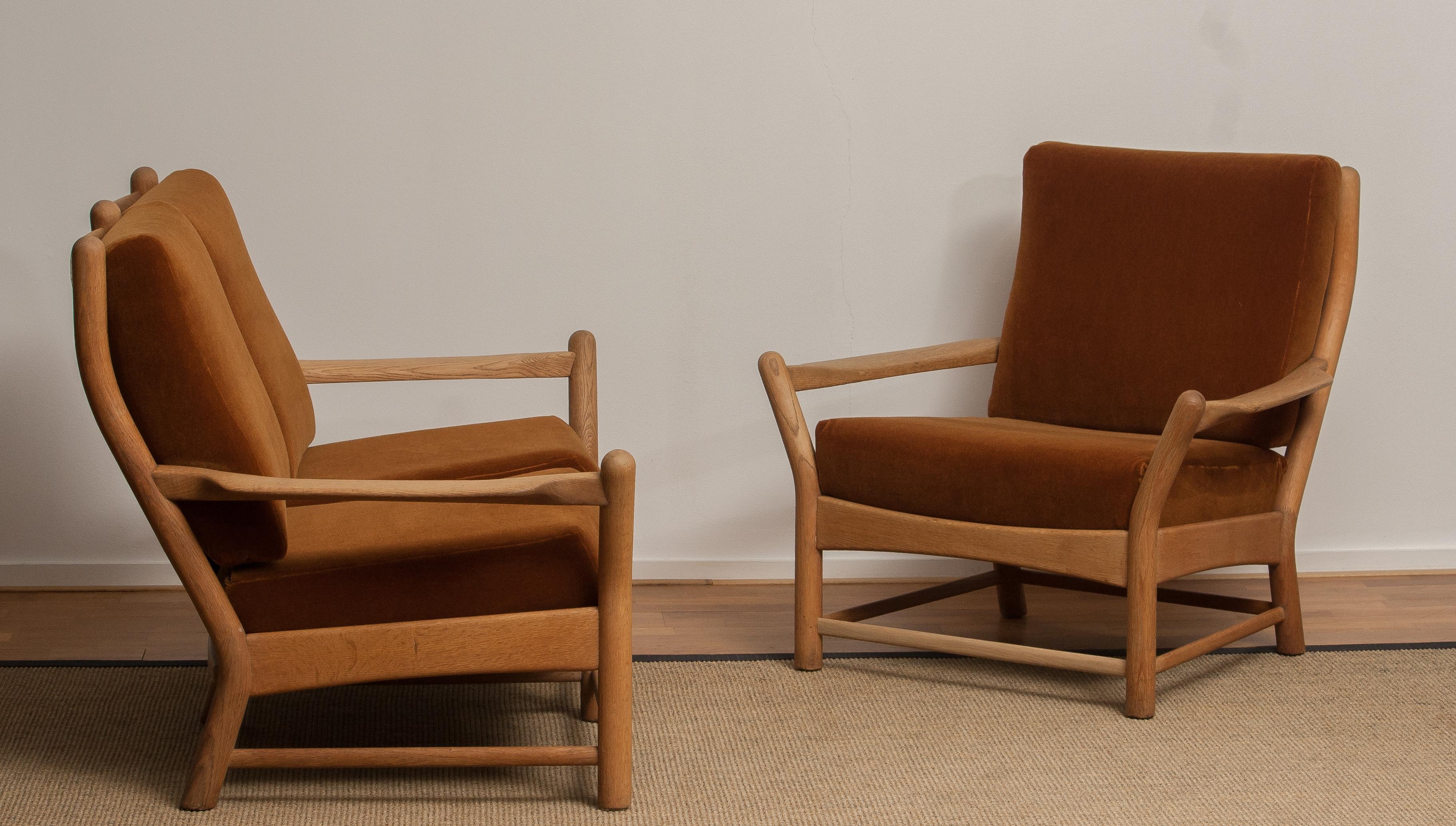 1950s, Oak and Brown Velvet Sofa and Chair Lounge Set from Denmark In Good Condition In Silvolde, Gelderland