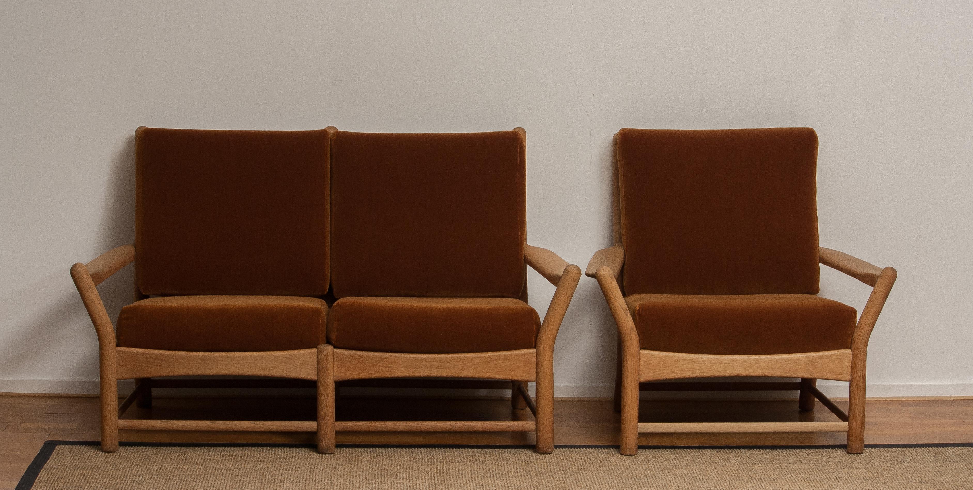 1950s, Oak and Brown Velvet Sofa and Chair Lounge Set from Denmark 1