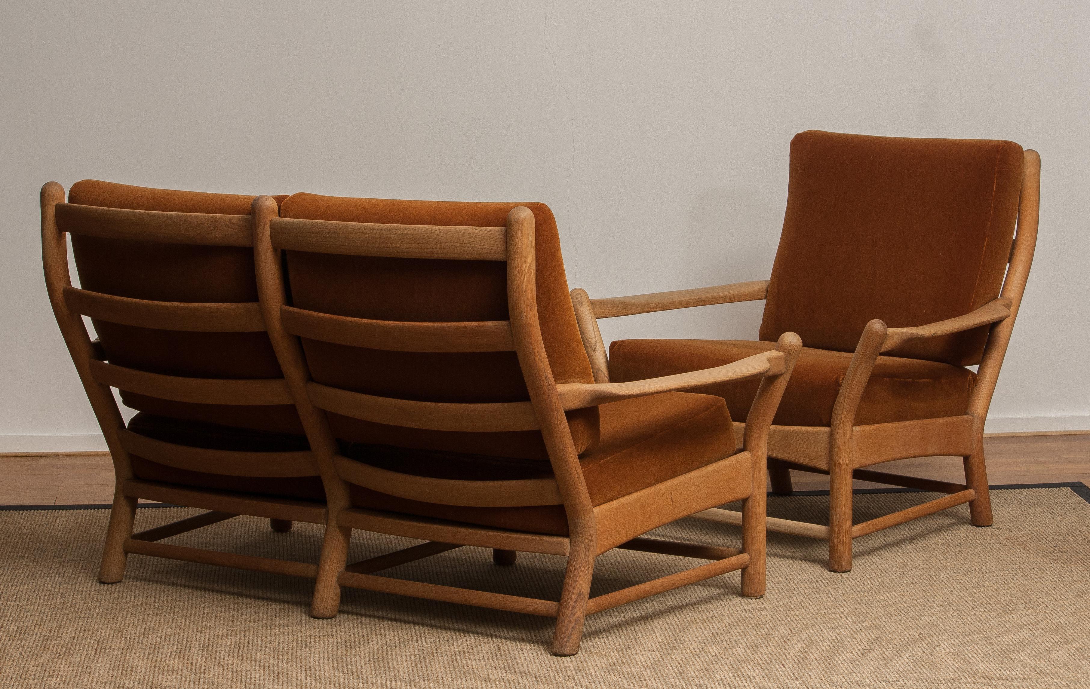 1950s, Oak and Brown Velvet Sofa and Chair Lounge Set from Denmark 2