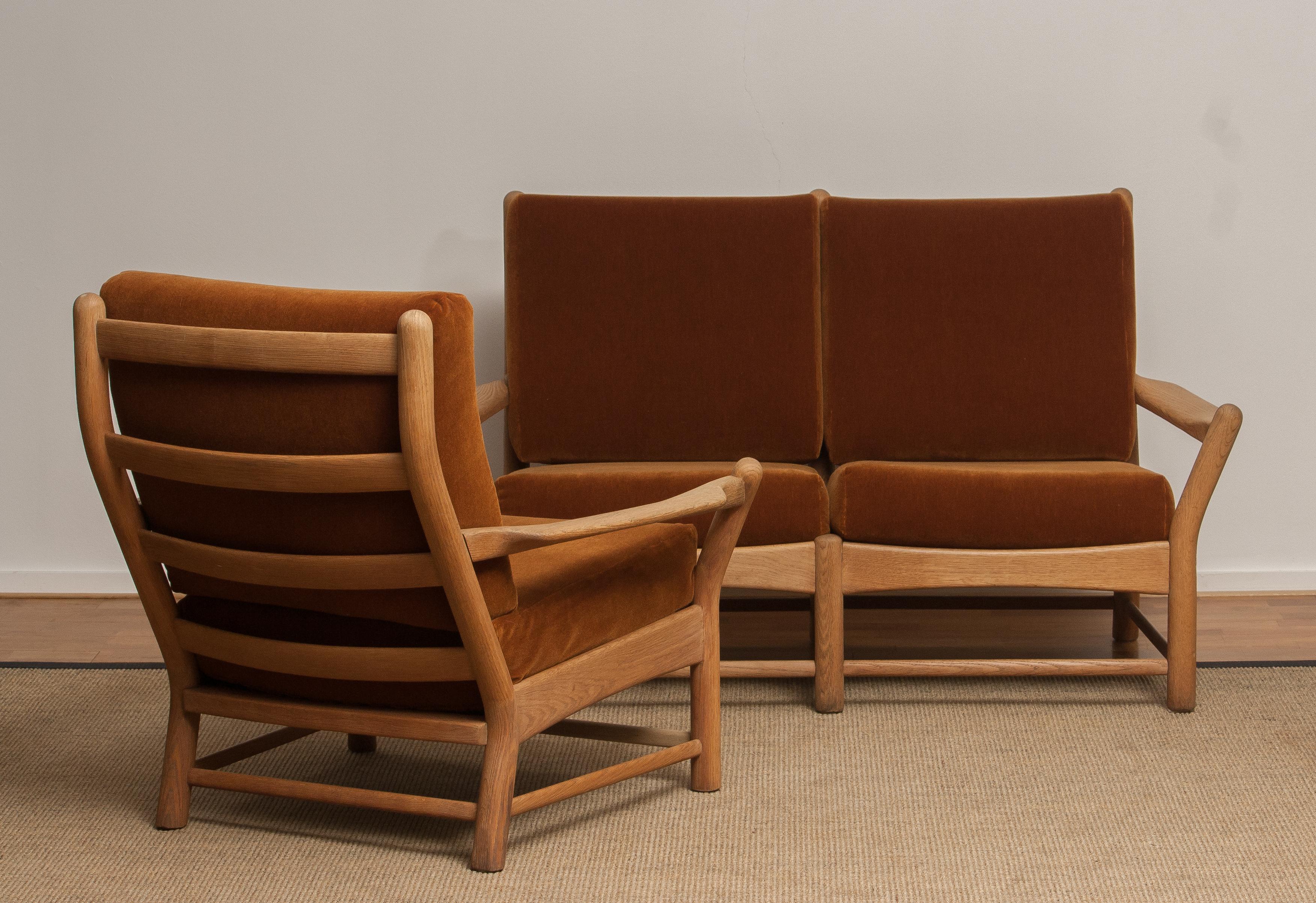1950s, Oak and Brown Velvet Sofa and Chair Lounge Set from Denmark 2