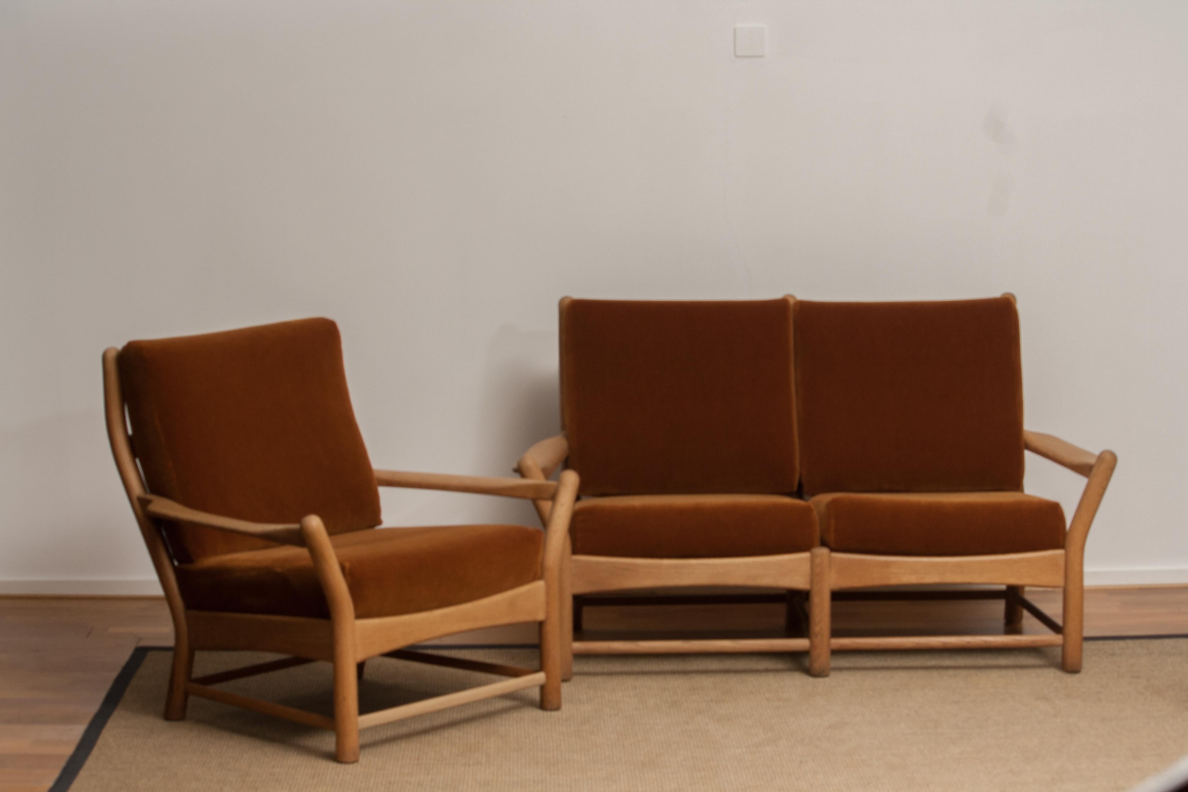 1950s, Oak and Brown Velvet Sofa and Chair Lounge Set from Denmark 3