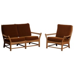 1950s, Oak and Brown Velvet Sofa and Chair Lounge Set from Denmark