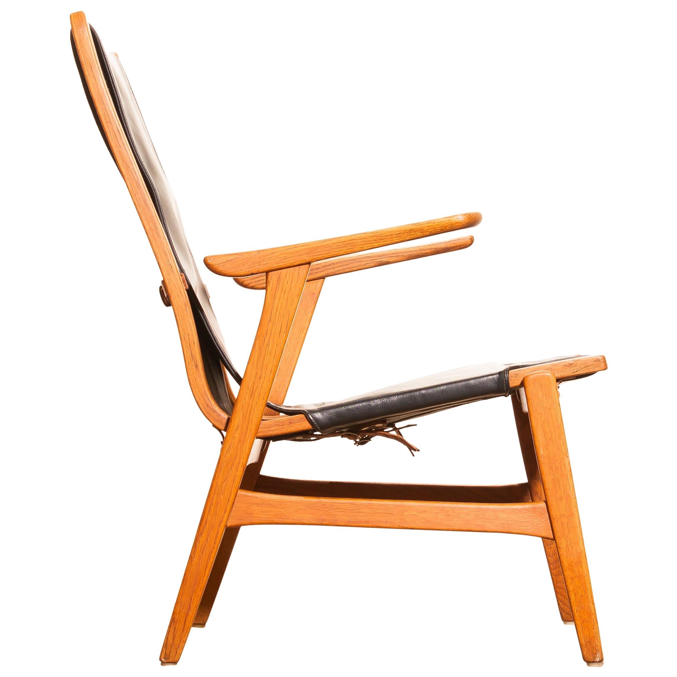 Swedish 1950s, Oak and Leatherette Hunting Chair 'Ulrika' by Östen Kristiansson