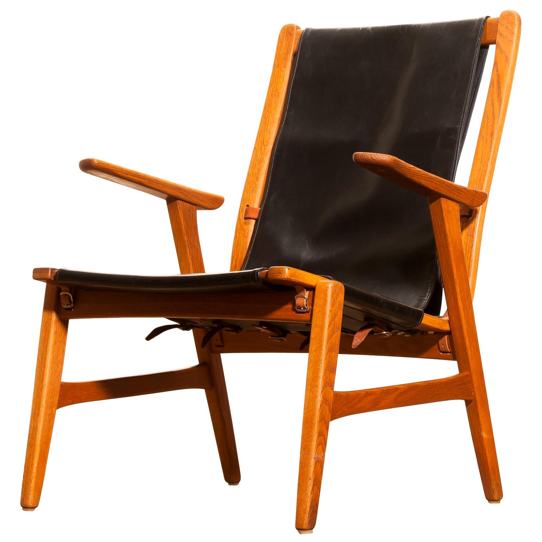 Swedish 1950s, Oak and Leatherette Hunting Chair 'Ulrika' by Östen Kristiansson