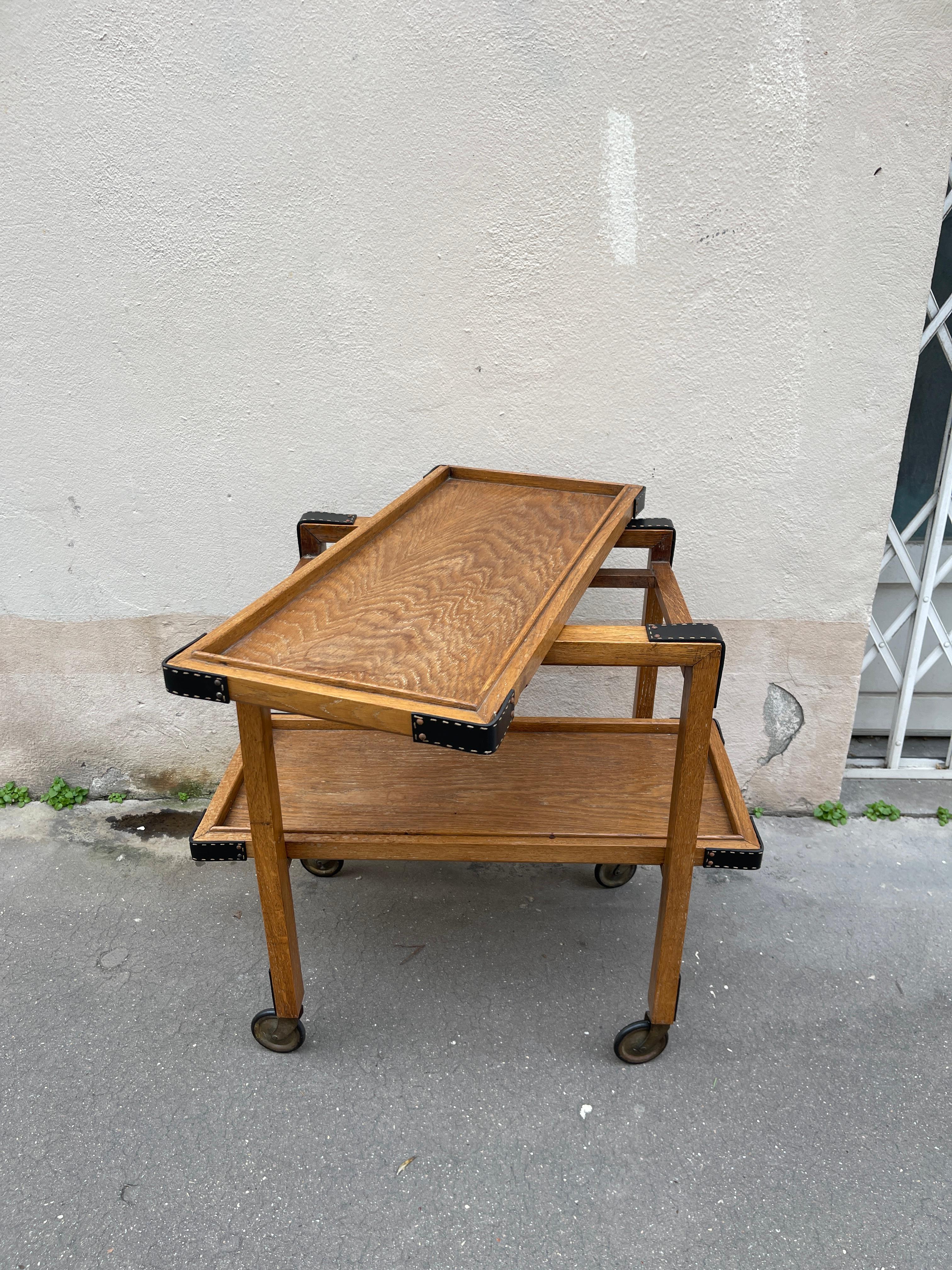 Mid-20th Century 1950's Oak and stitched leather bar cart by Jacques Adnet For Sale