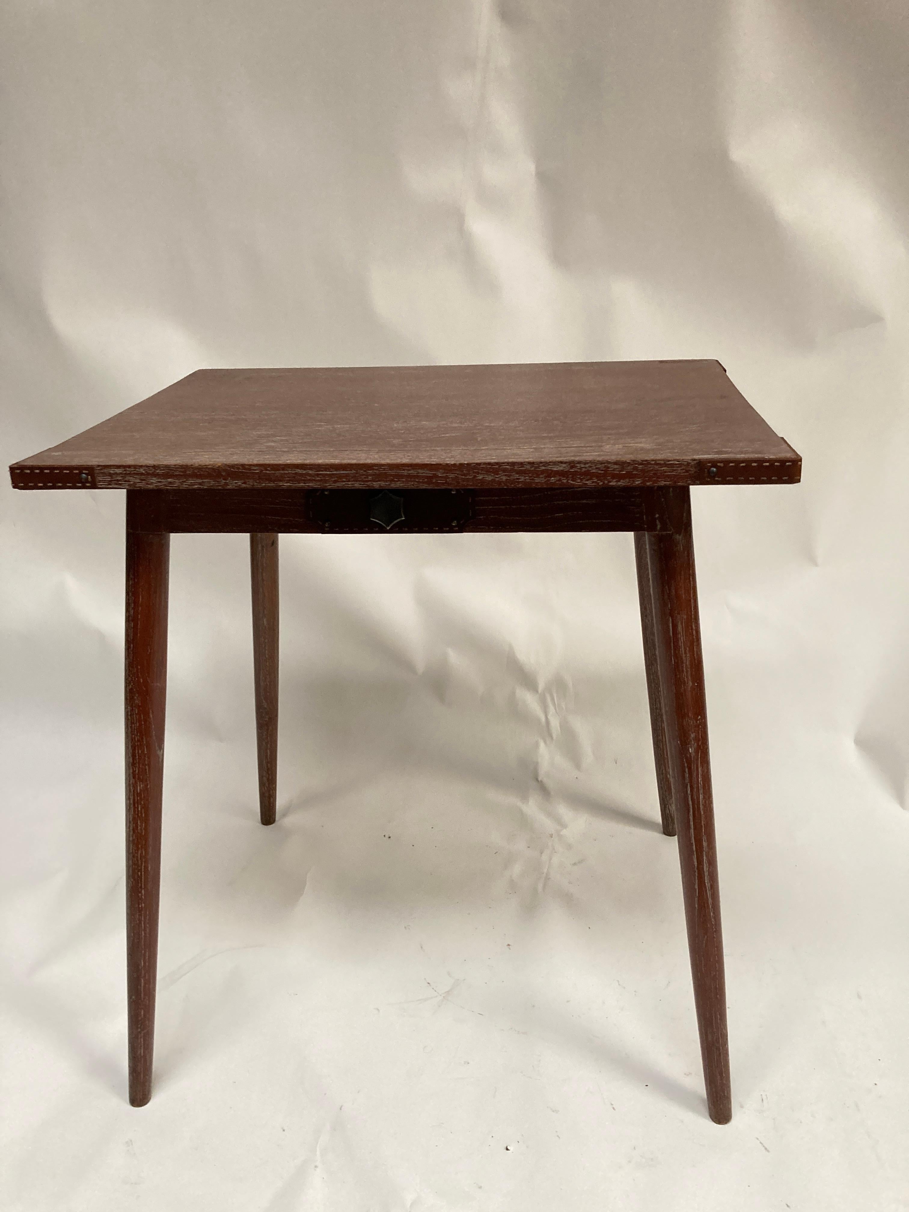 Leather 1950's Oak and stitched leather table by Jacques Adnet For Sale
