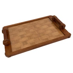 1950's oak and stitched leather tray by Jacques Adnet