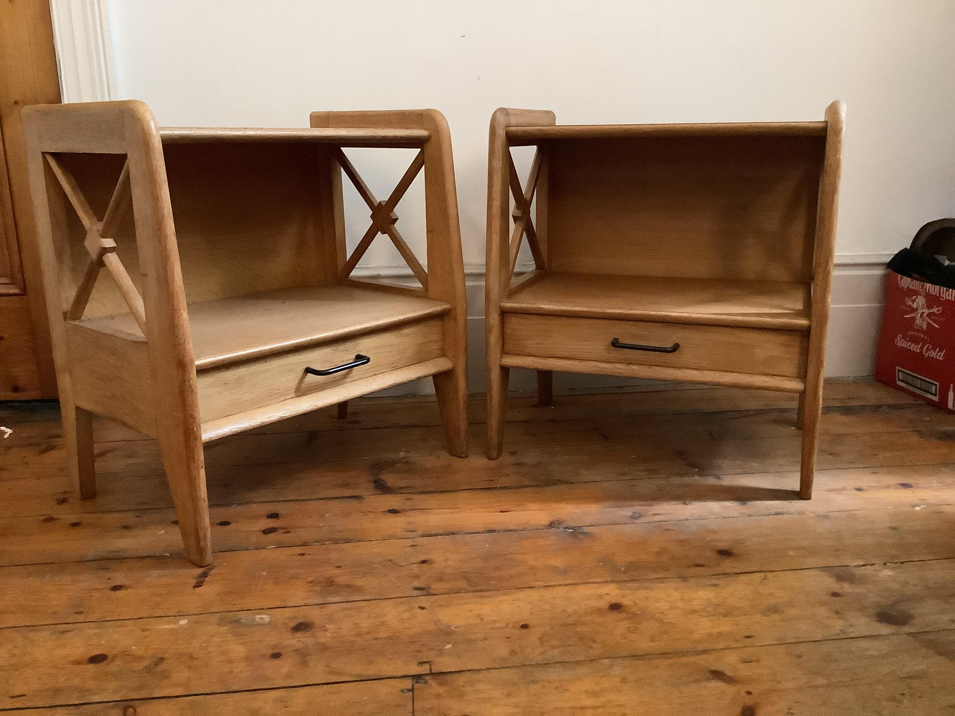 French 1950s Oak bedside tables byJacques Adnet For Sale