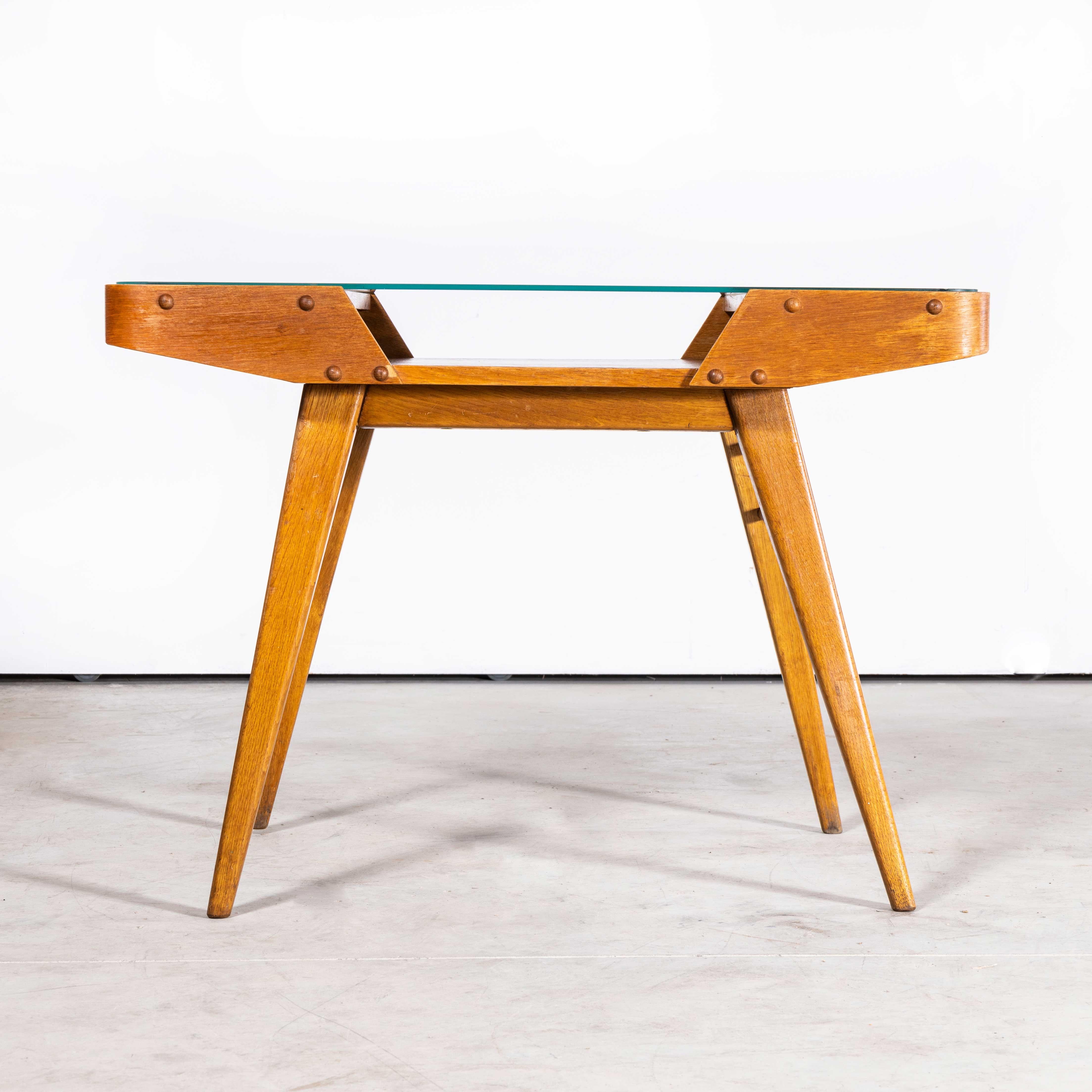 Czech 1950s Oak Framed Side Table with Glass Top For Sale