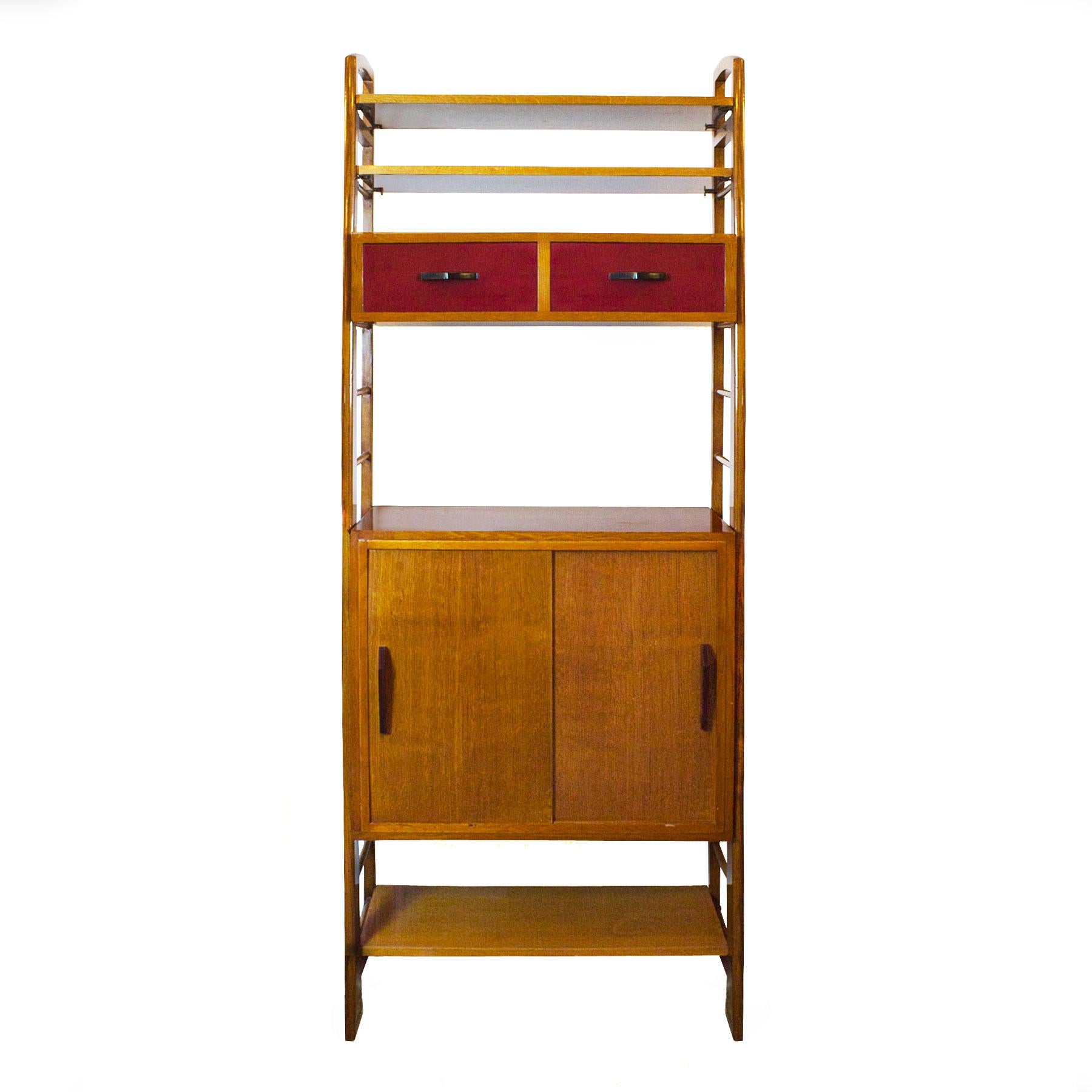 1950s Oak Modulus Storage Cabinet, Sliding Doors and Shelves, Lacquer, France