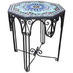 1950s Octagonal Glazed Ceramic Andalusian Mosaic Table on a Wrought Iron Base