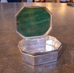 1950s Octagonal Silver Box with a Carved Green Stone Lid