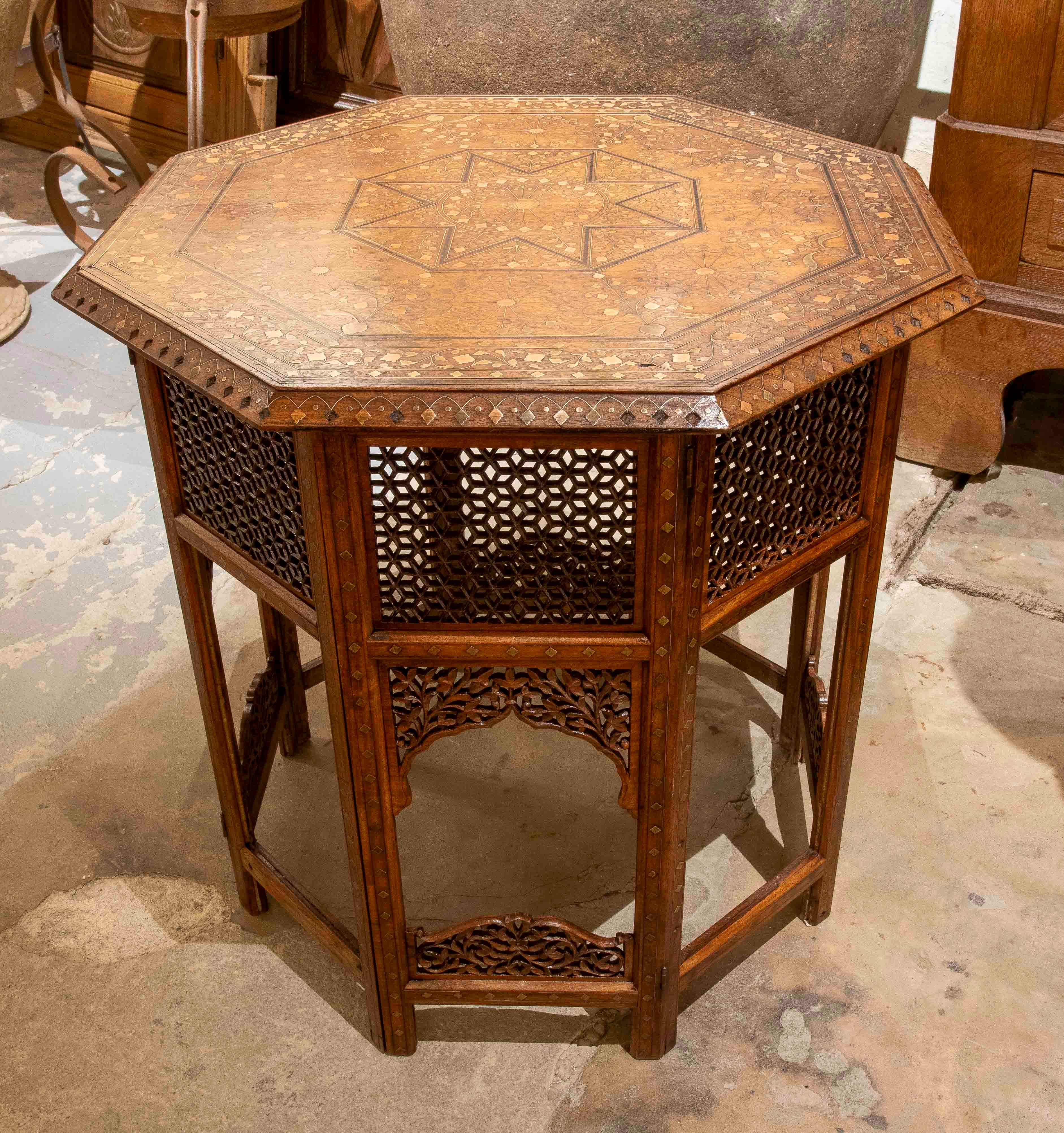 1950s Octagonal Table Carved with Antique Oriental Inlays For Sale