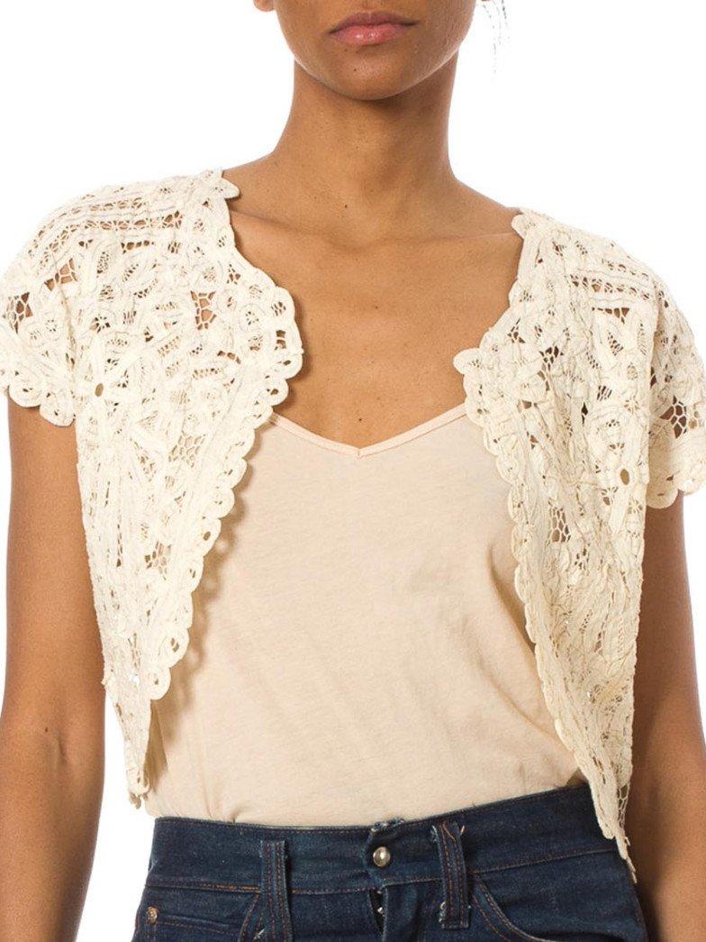 Women's 1950S Off White Cotton Handmade Lace Vest Top