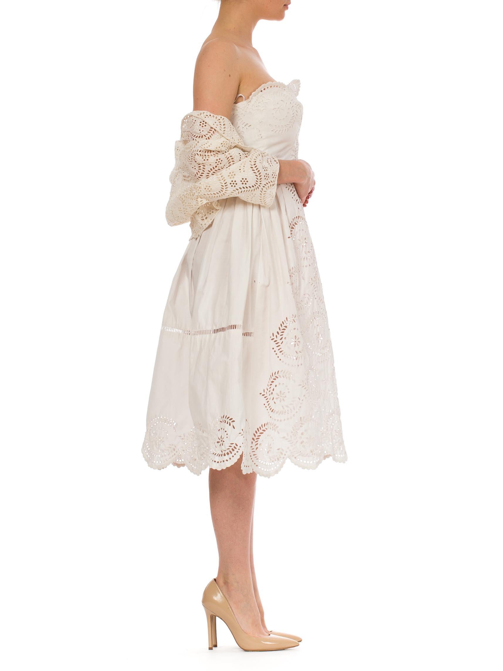 Women's 1950S Off White Strapless Dress Made From Victorian Hand Embroidered Cotton Eye For Sale