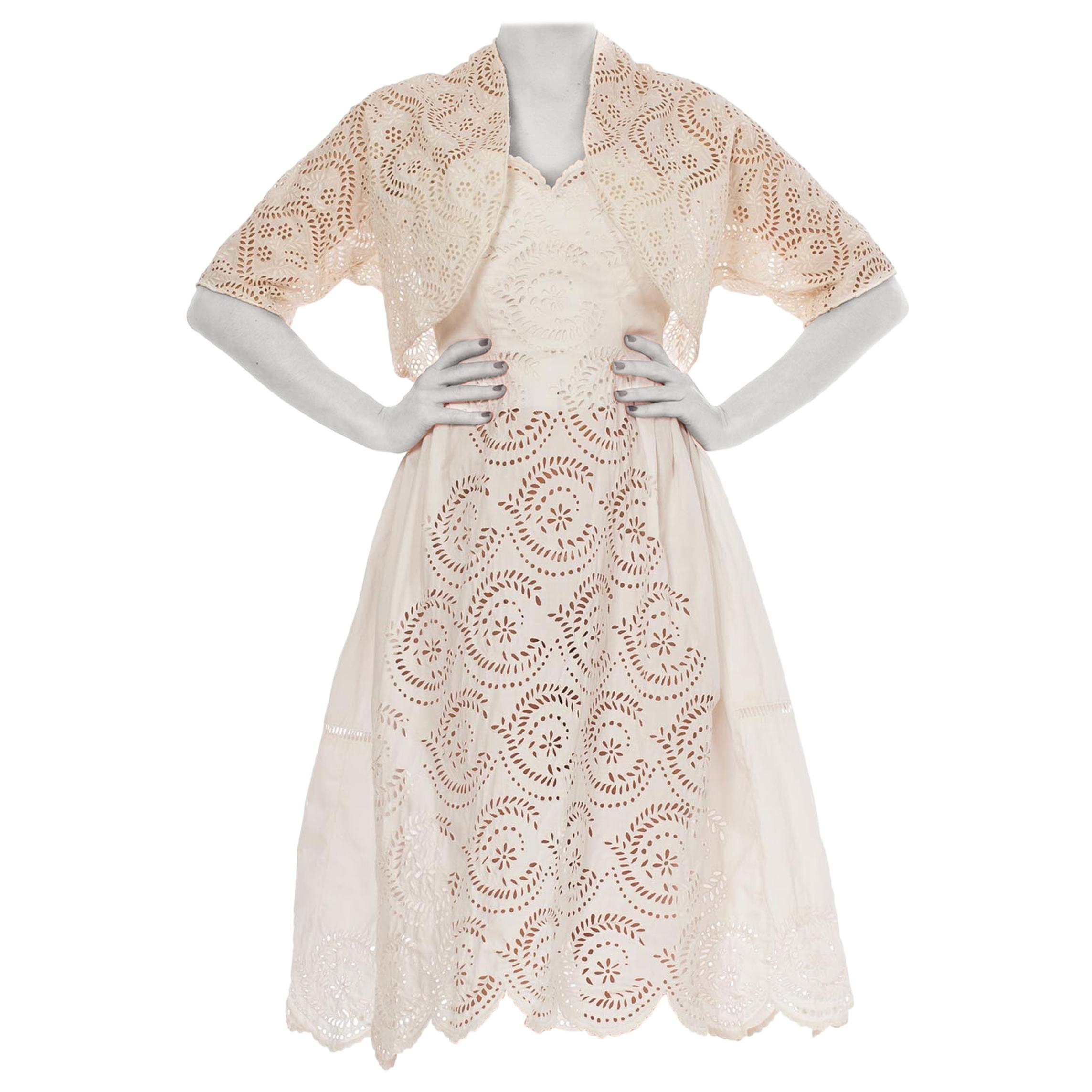 1950S Off White Strapless Dress Made From Victorian Hand Embroidered Cotton Eye For Sale