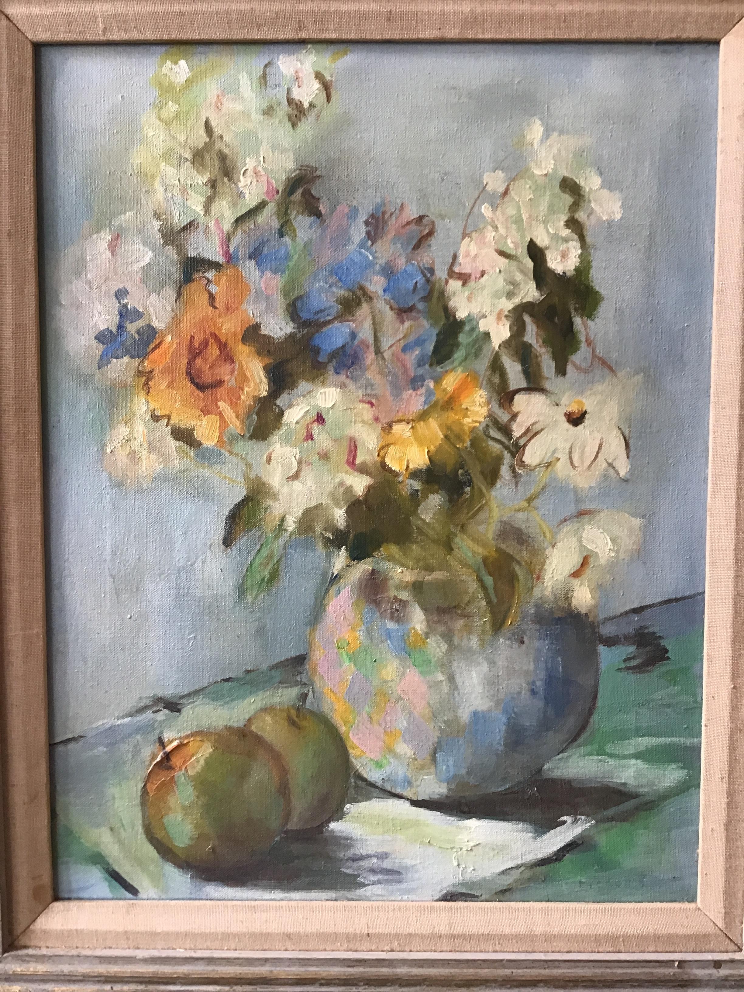 1950s Oil on Canvas of a Floral Arrangement In Good Condition For Sale In Tarrytown, NY