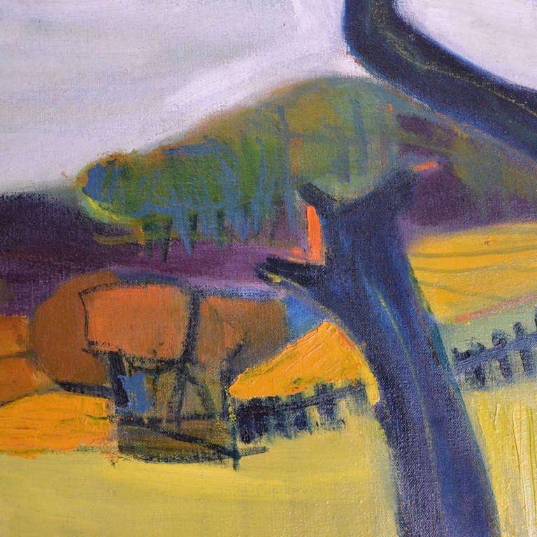 Expressive oil painting title 'Dead Tree' in Lodsworth by Barbara Knight, 1950's. Colorful fields in green tones accentuate the hills and make the dead trees Stand out in the foreground against it.

Born in Glen Ridge USA, graduated in 1941,