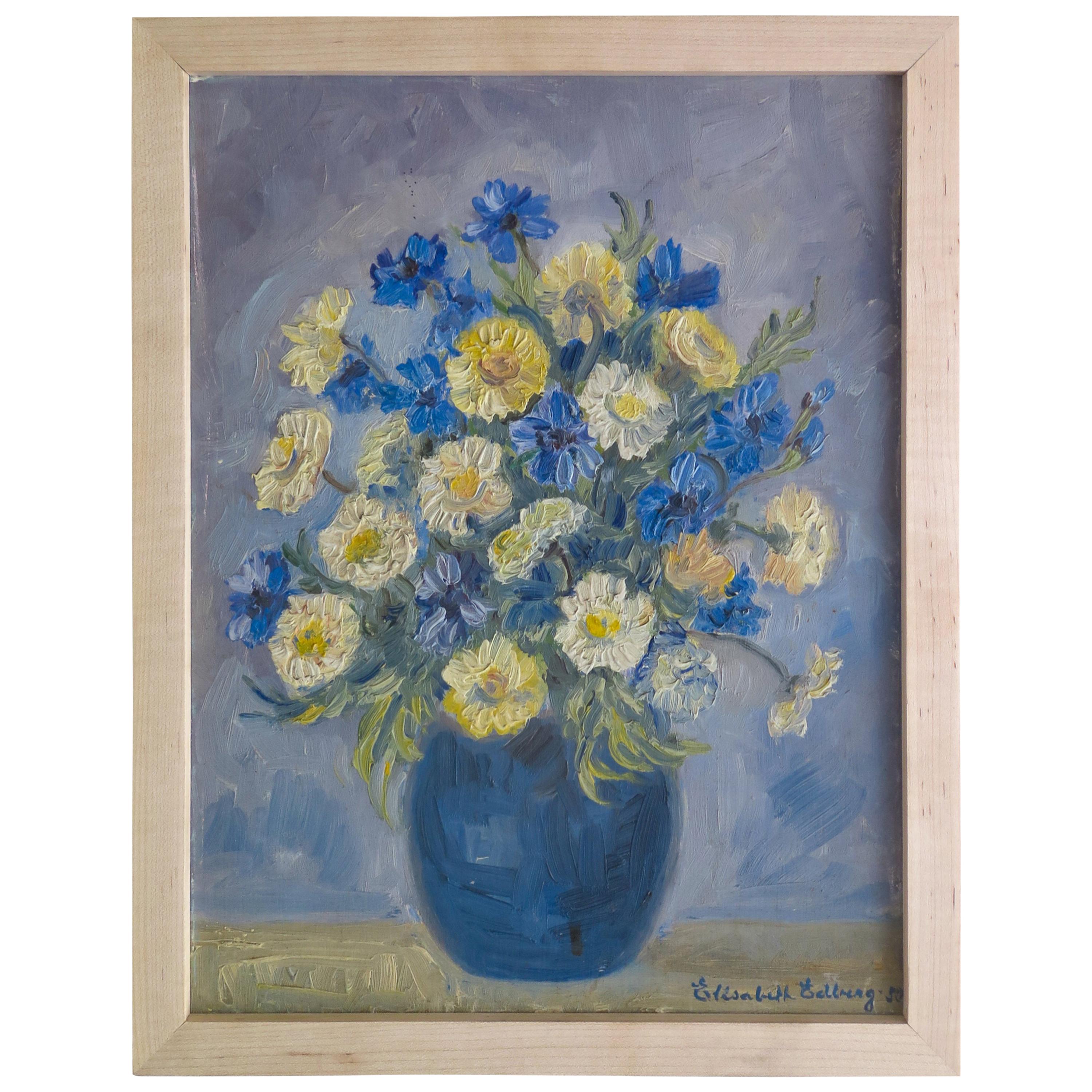 1950s Oil Painting of Flowers in Vase