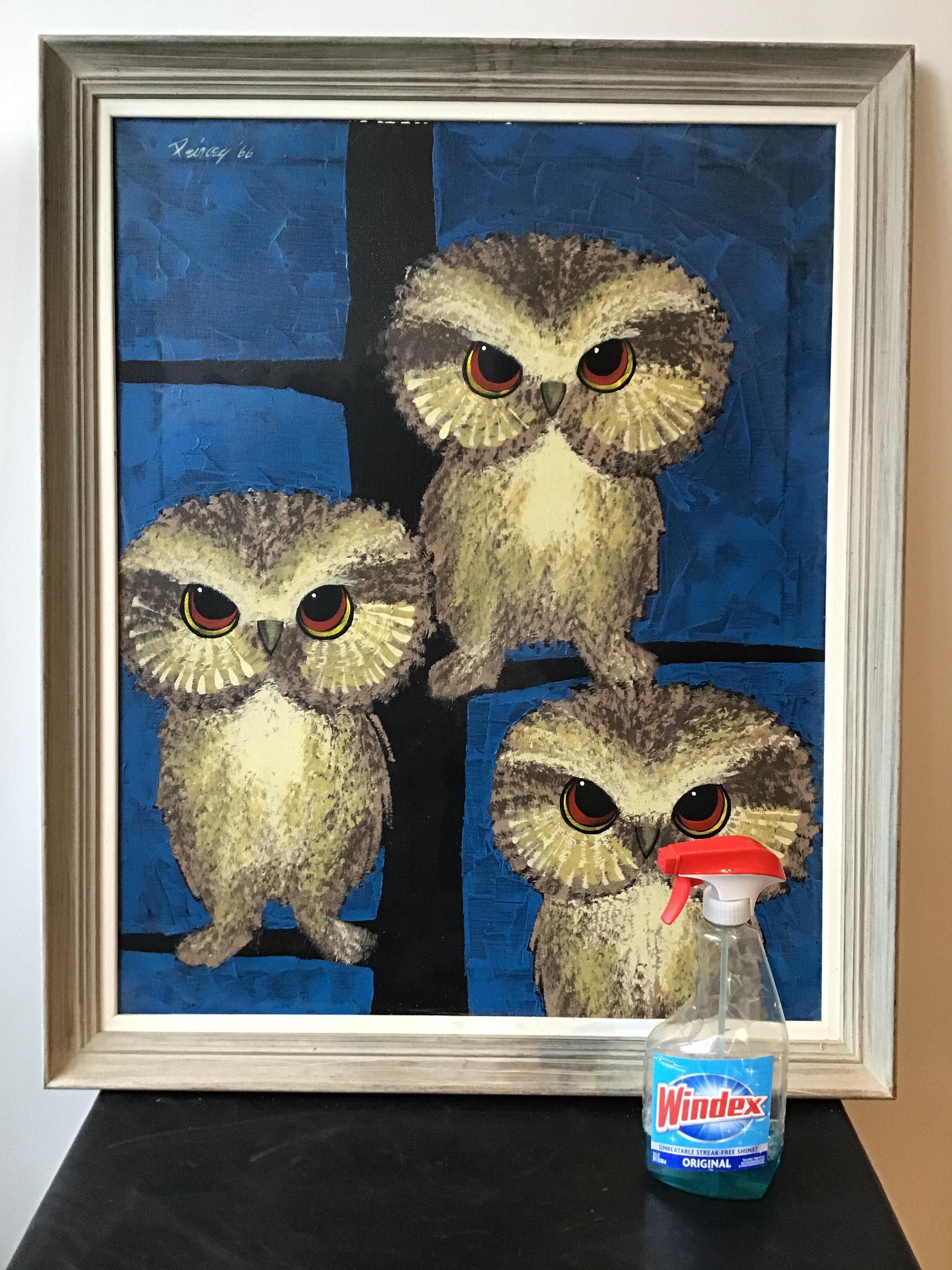 1950s oil painting on canvas of owls by Peircey. Purchased from an East Hampton, NY estate.