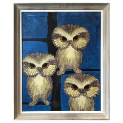 1950s Oil Painting of Owls By Peircey