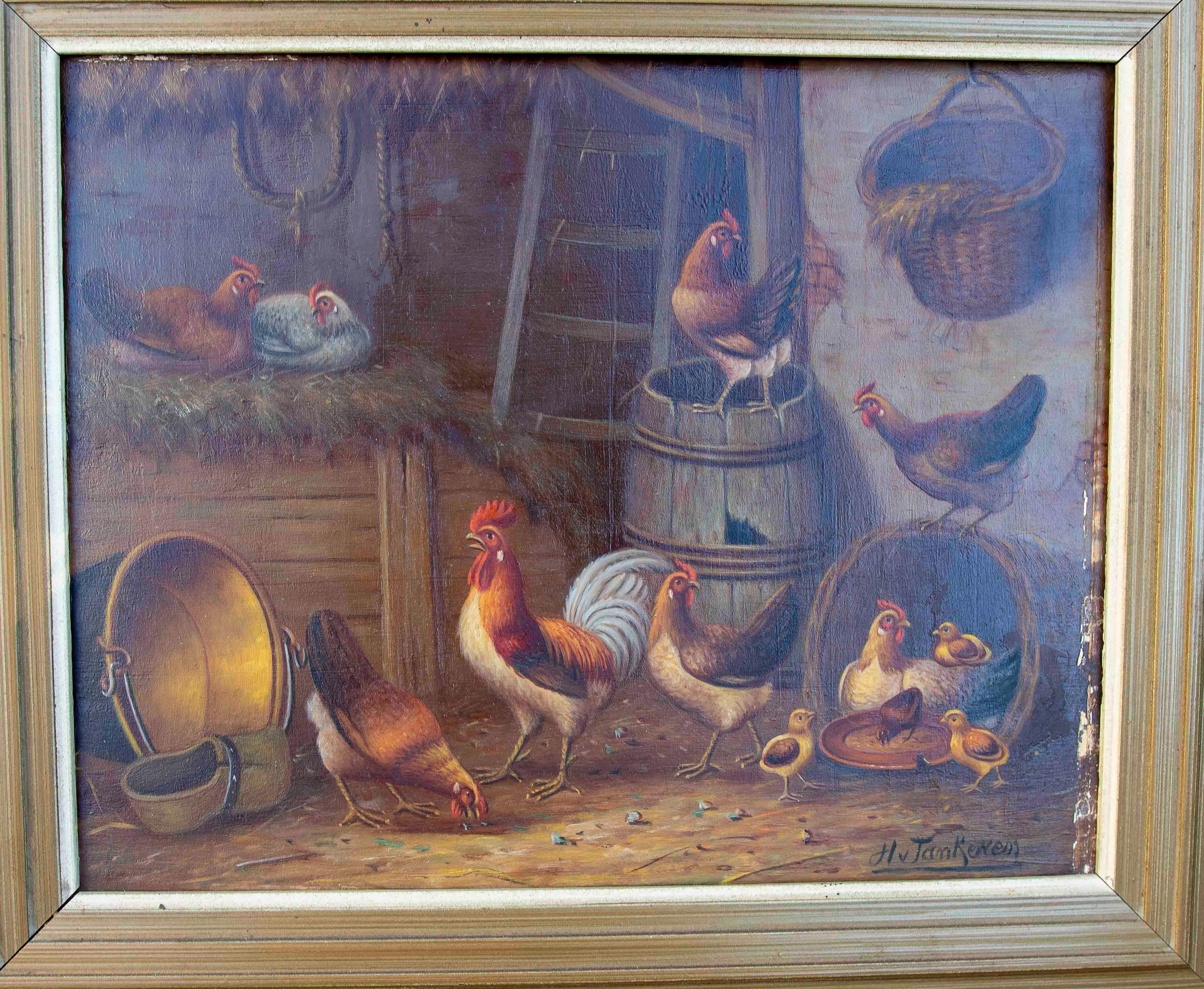 Pintura al óleo sobre tabla de los años 50 de gallinas. Firmado en venta 3