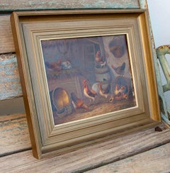 1950s Oil Painting on Board of Chickens. Signed