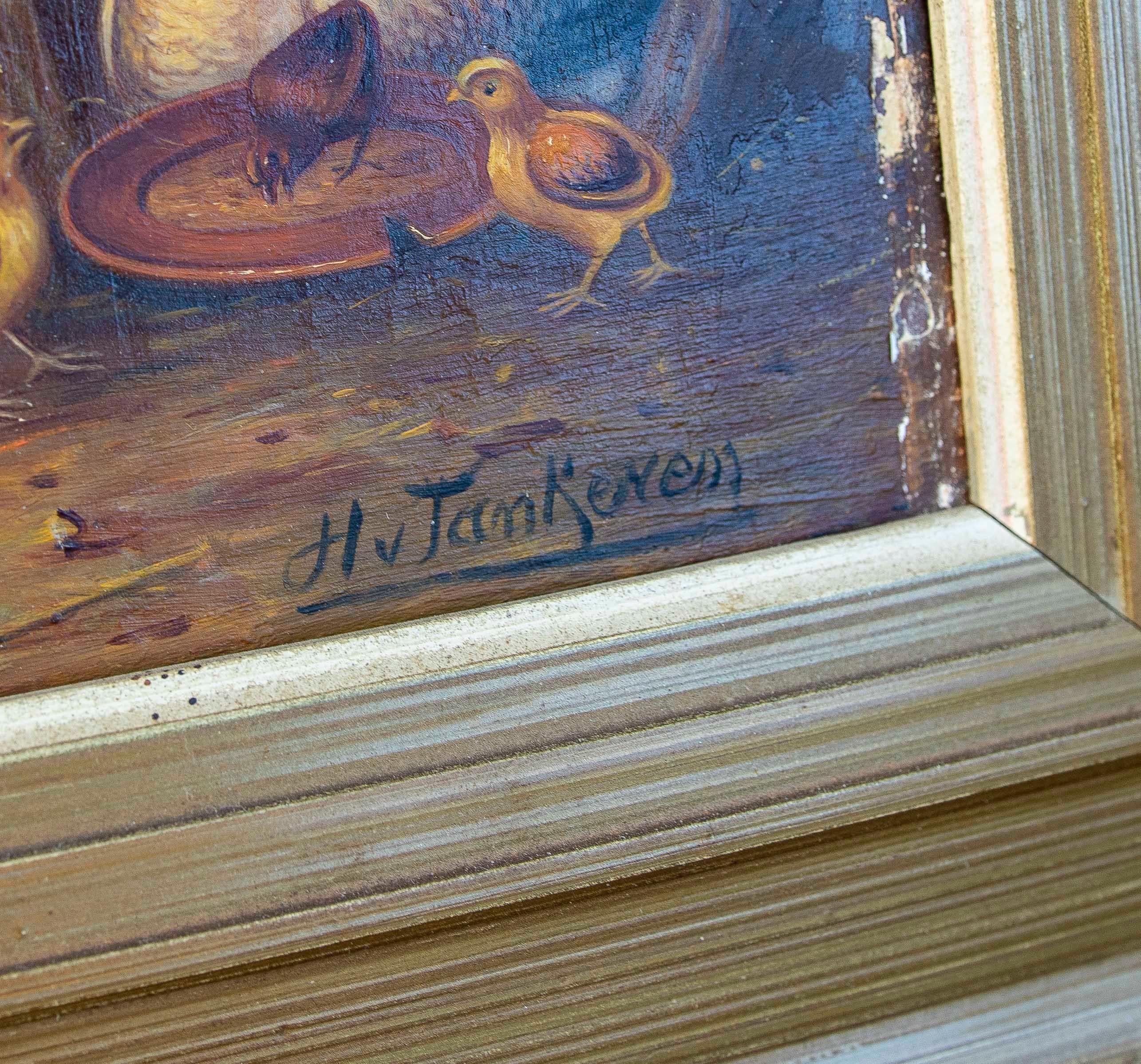Pintura al óleo sobre tabla de los años 50 de gallinas. Firmado Europeo en venta