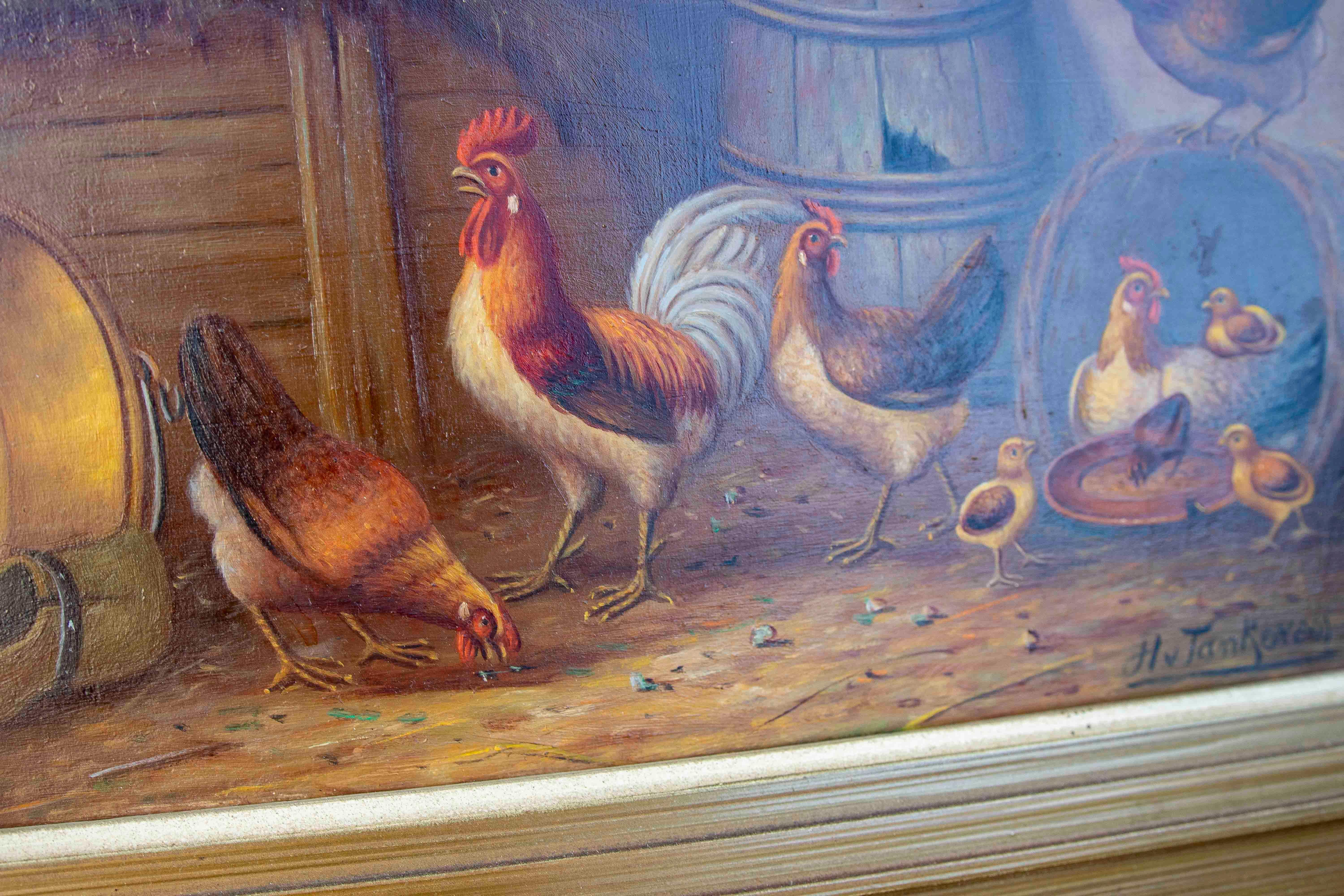 Pintura al óleo sobre tabla de los años 50 de gallinas. Firmado Pintado a mano en venta