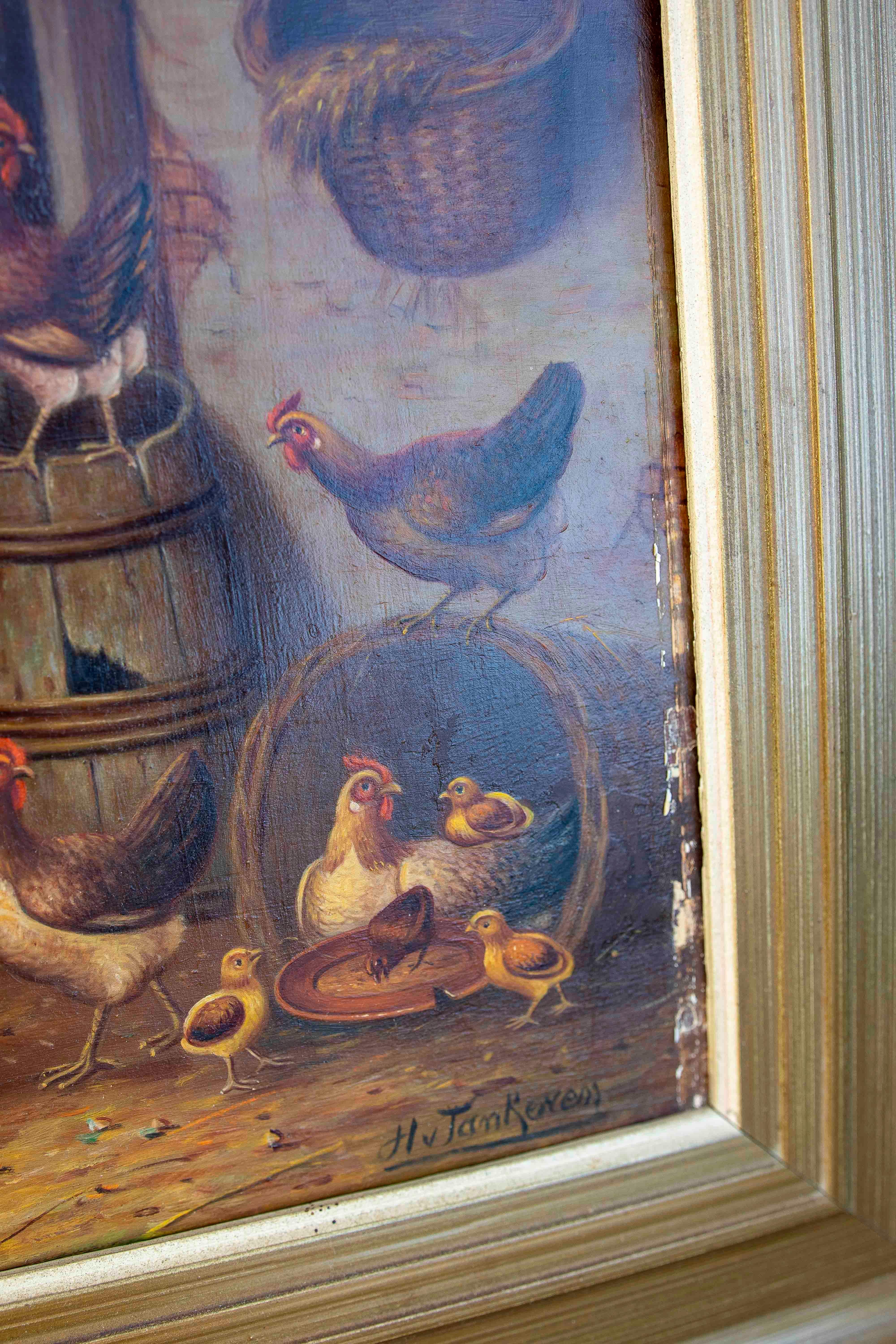 Pintura al óleo sobre tabla de los años 50 de gallinas. Firmado en Bueno estado para la venta en Marbella, ES