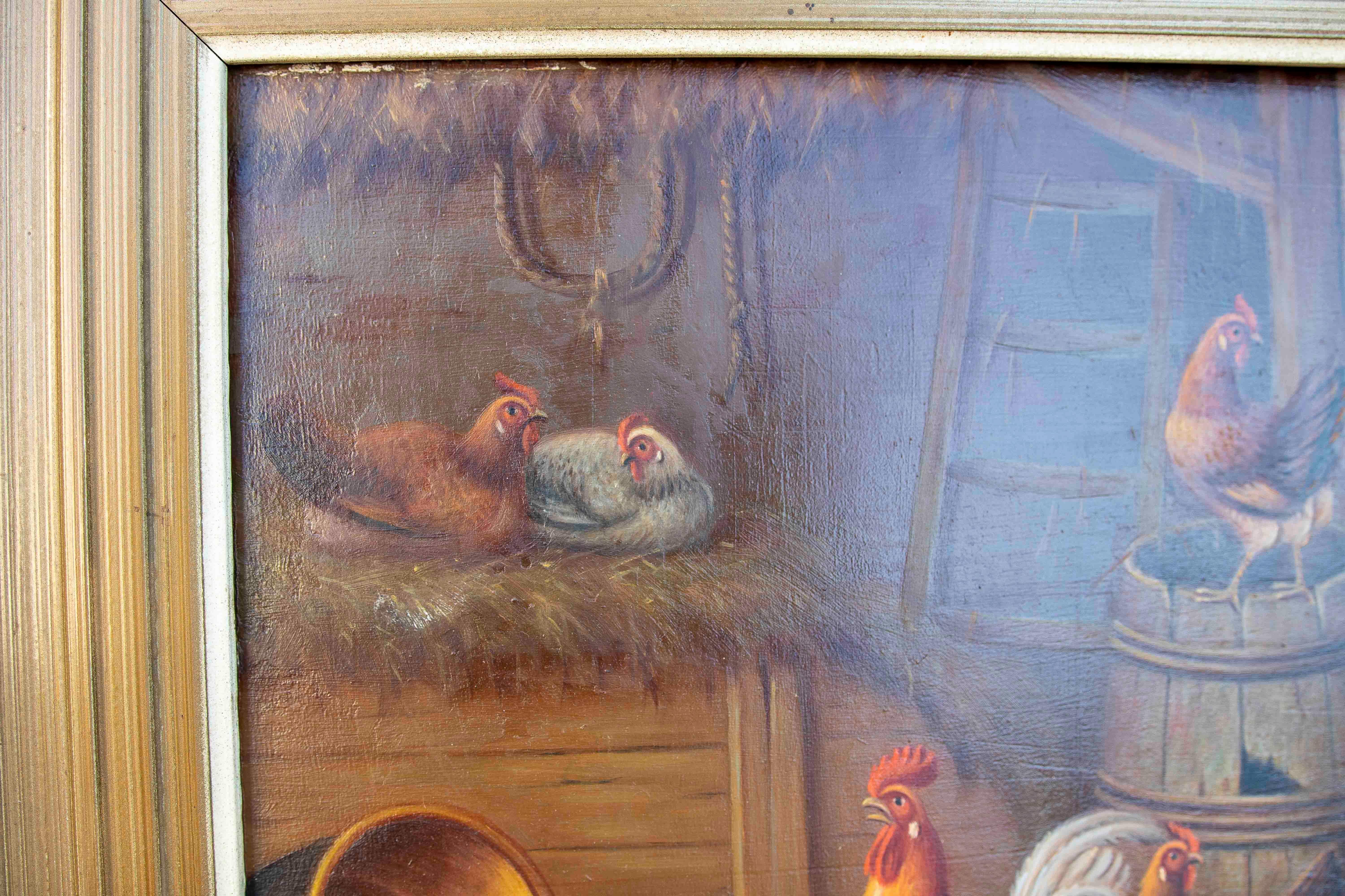 Pintura al óleo sobre tabla de los años 50 de gallinas. Firmado mediados del siglo XX en venta