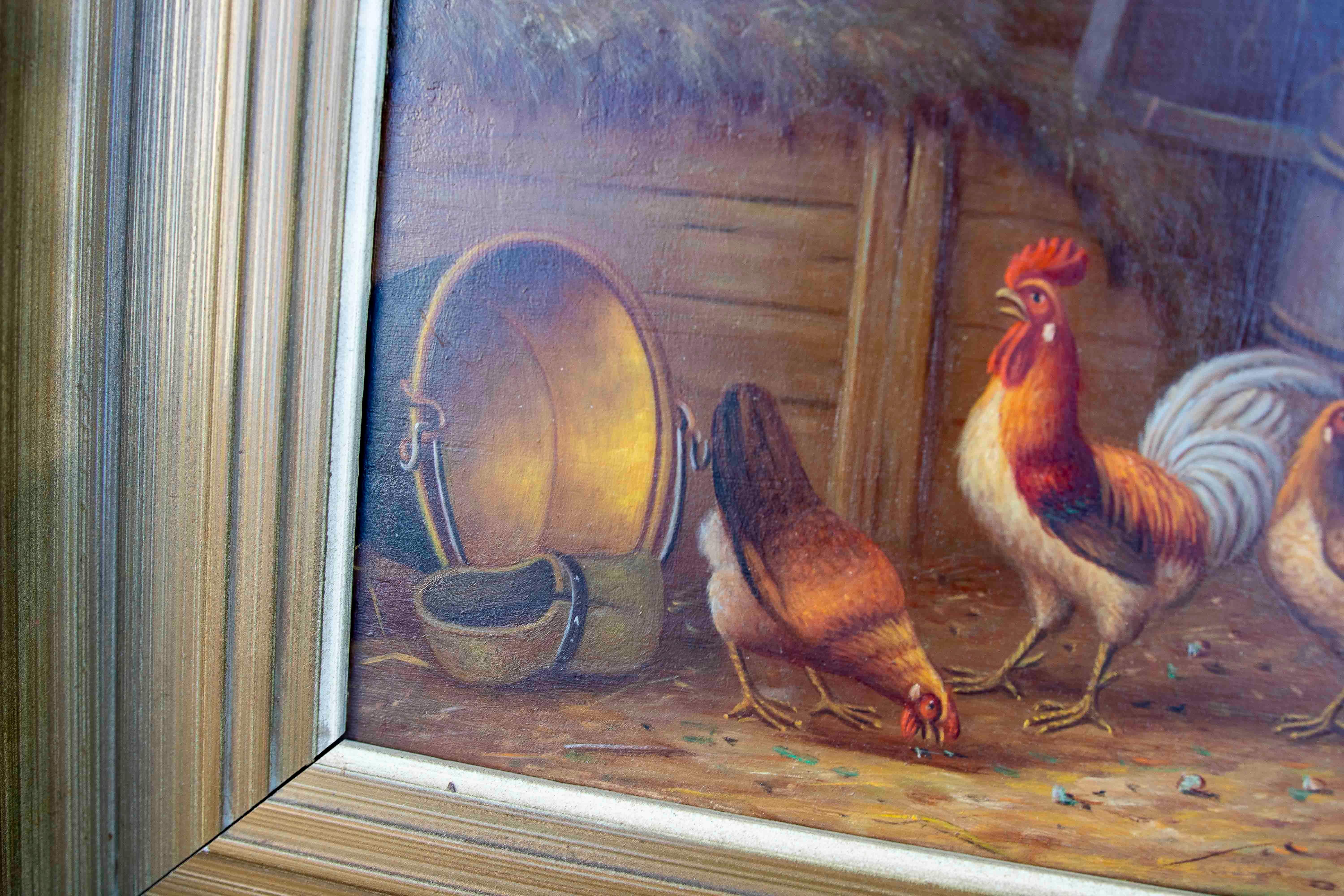 Pintura al óleo sobre tabla de los años 50 de gallinas. Firmado Madera en venta
