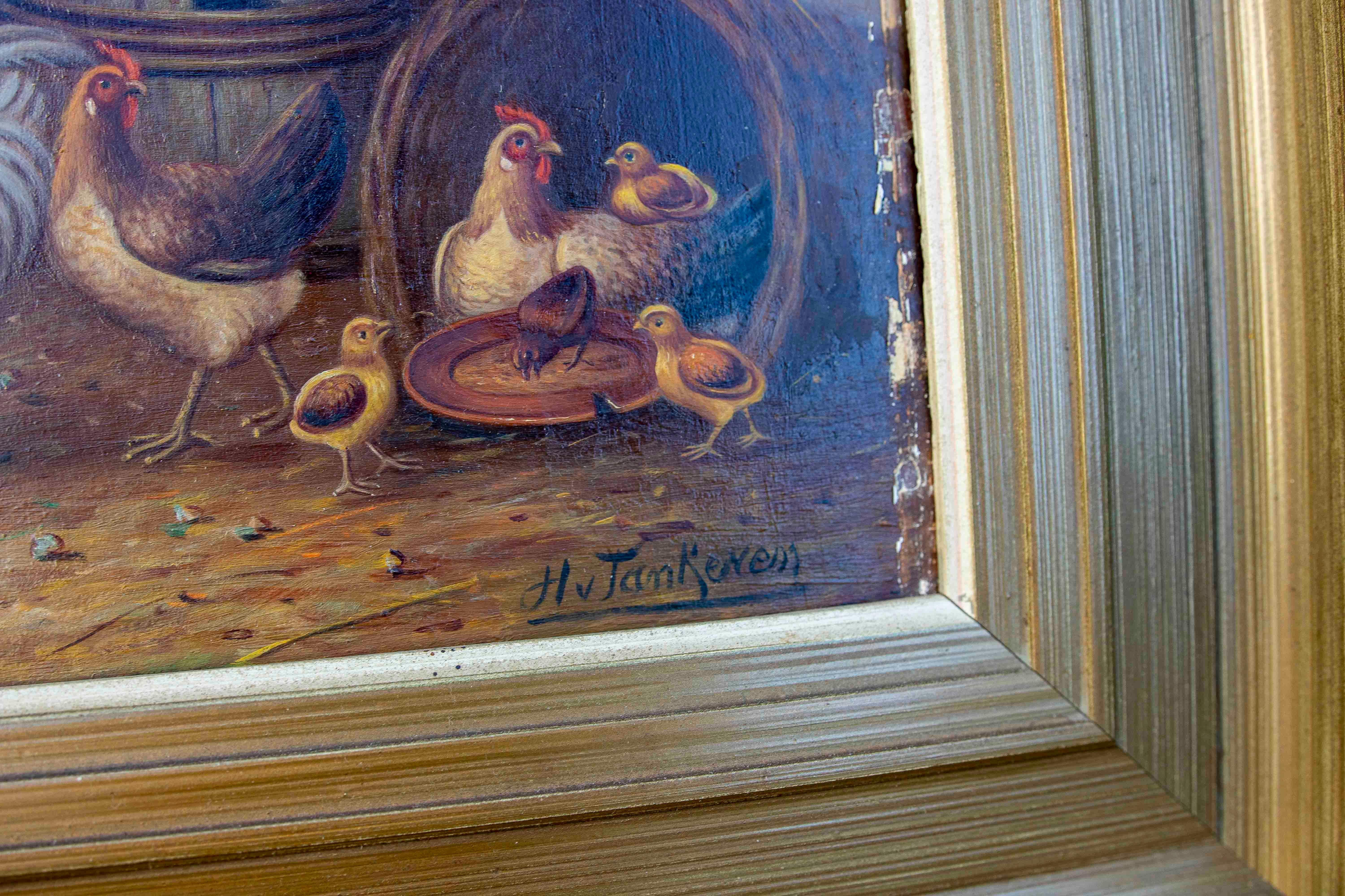 Pintura al óleo sobre tabla de los años 50 de gallinas. Firmado en venta 2